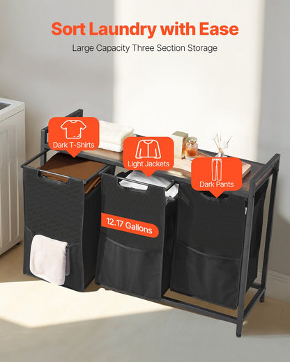 3 Section Laundry Sorter, Large Laundry Hamper with Metal Frame and Wooden Tabletop, Freestanding Storage V952-XYLEKJSMCLS1B584D001V0