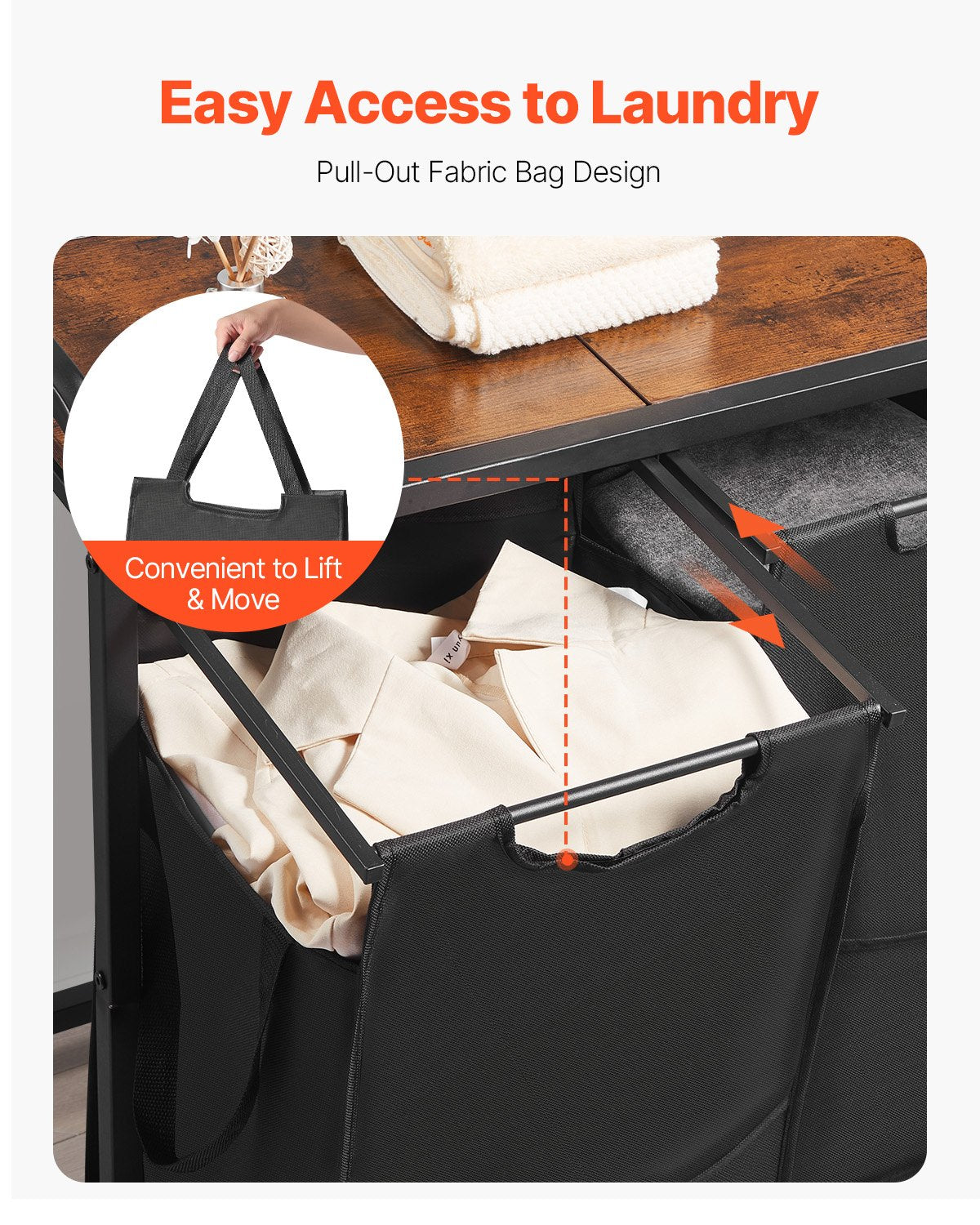3 Section Laundry Sorter, Large Laundry Hamper with Metal Frame and Wooden Tabletop, Freestanding Storage V952-XYLEKJSMCLS1B584D001V0