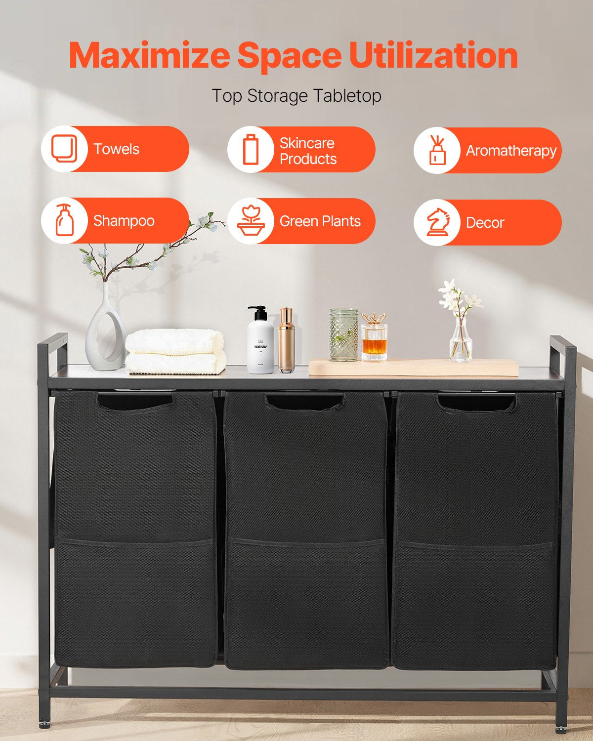 3 Section Laundry Sorter, Large Laundry Hamper with Metal Frame and Wooden Tabletop, Freestanding Storage V952-XYLEKJSMCLS1B584D001V0