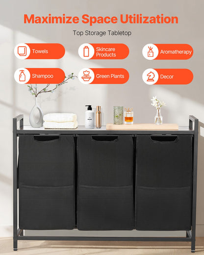 3 Section Laundry Sorter, Large Laundry Hamper with Metal Frame and Wooden Tabletop, Freestanding Storage V952-XYLEKJSMCLS1B584D001V0