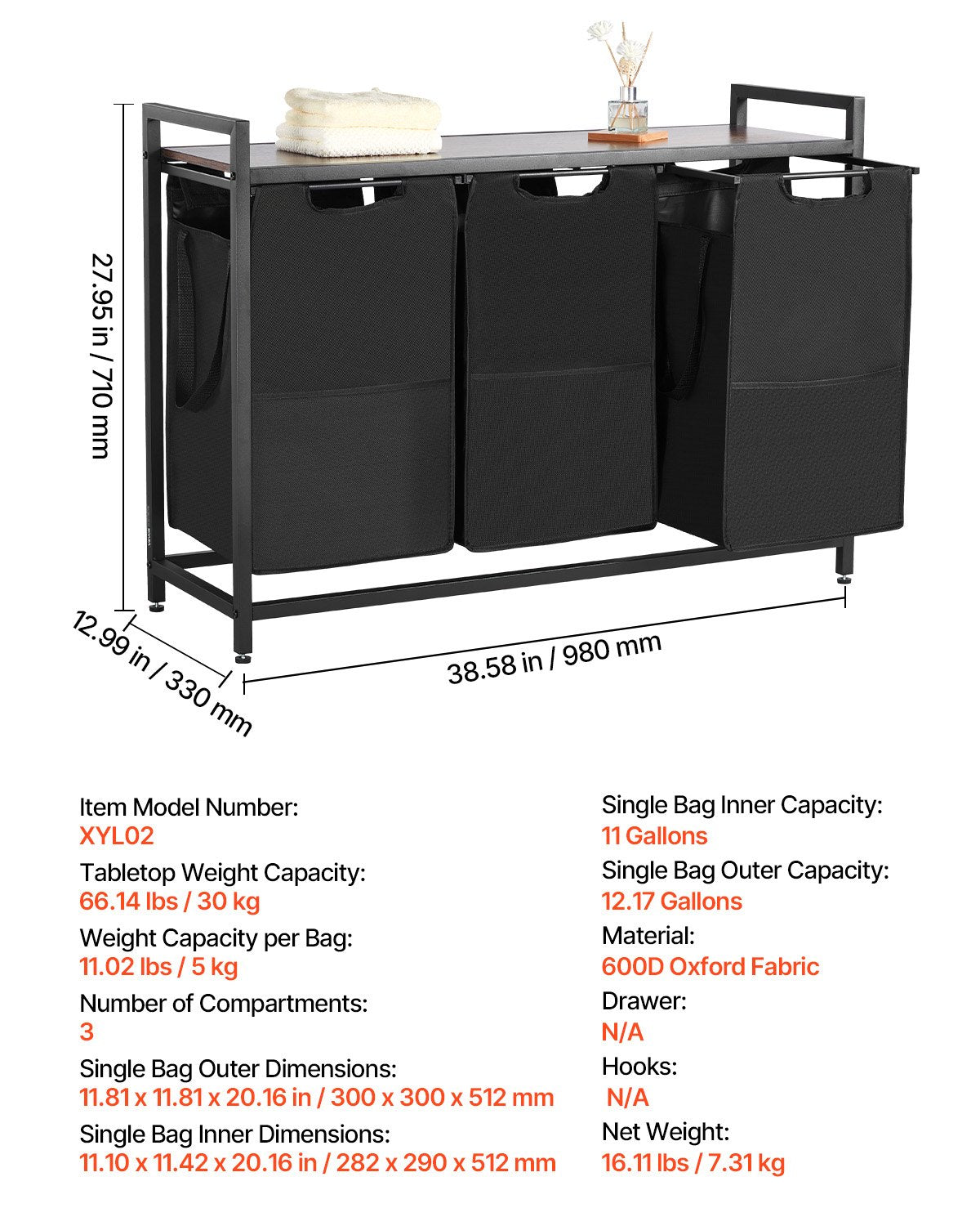 3 Section Laundry Sorter, Large Laundry Hamper with Metal Frame and Wooden Tabletop, Freestanding Storage V952-XYLEKJSMCLS1B584D001V0