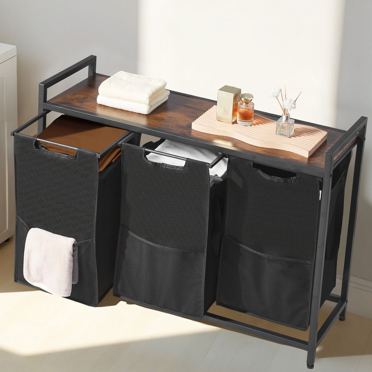 3 Section Laundry Sorter, Large Laundry Hamper with Metal Frame and Wooden Tabletop, Freestanding Storage V952-XYLEKJSMCLS1B584D001V0