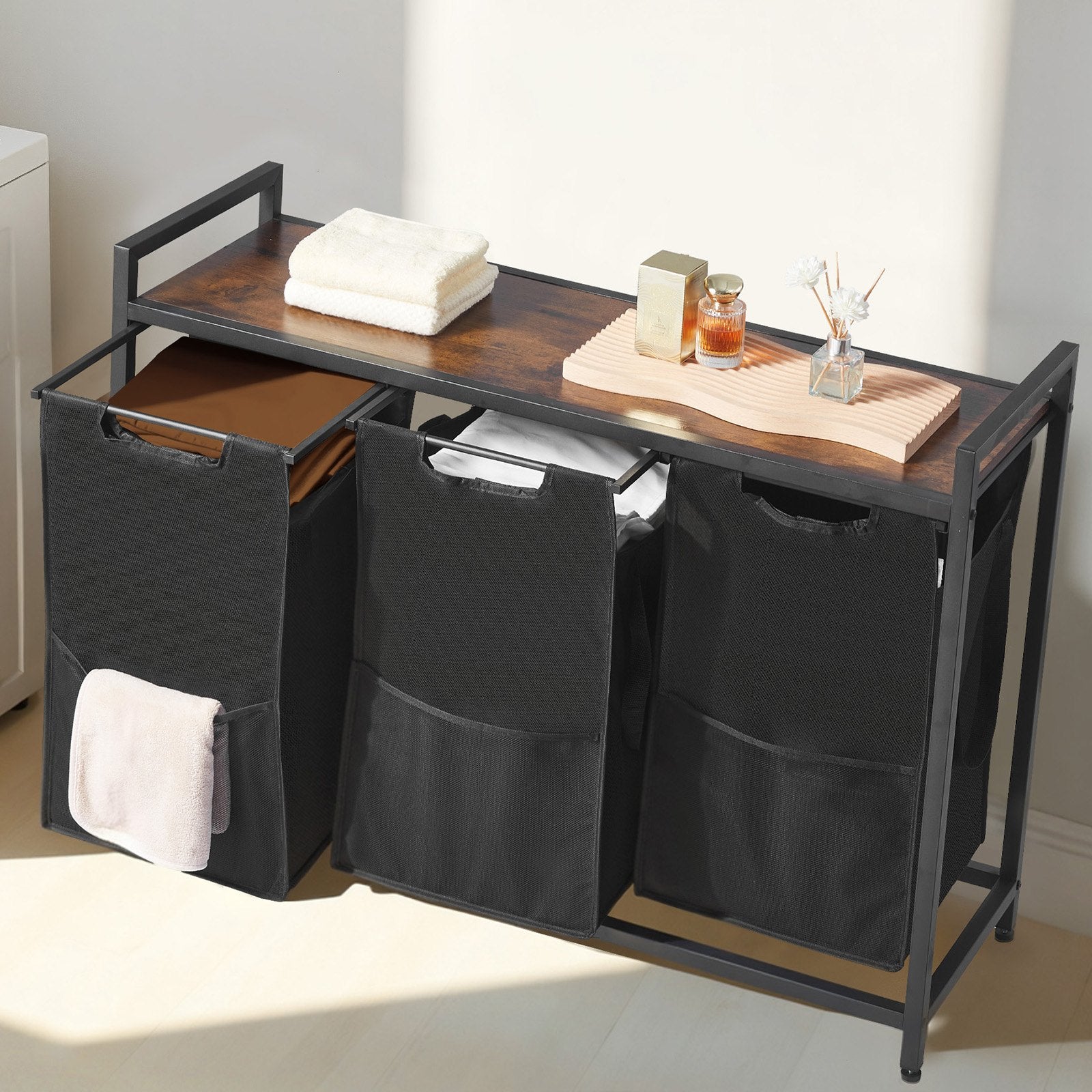 3 Section Laundry Sorter, Large Laundry Hamper with Metal Frame and Wooden Tabletop, Freestanding Storage V952-XYLEKJSMCLS1B584D001V0