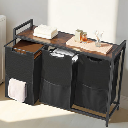 3 Section Laundry Sorter, Large Laundry Hamper with Metal Frame and Wooden Tabletop, Freestanding Storage V952-XYLEKJSMCLS1B584D001V0