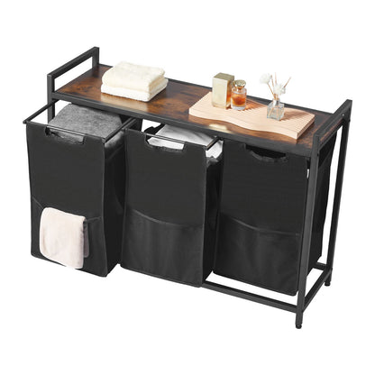 3 Section Laundry Sorter, Large Laundry Hamper with Metal Frame and Wooden Tabletop, Freestanding Storage V952-XYLEKJSMCLS1B584D001V0