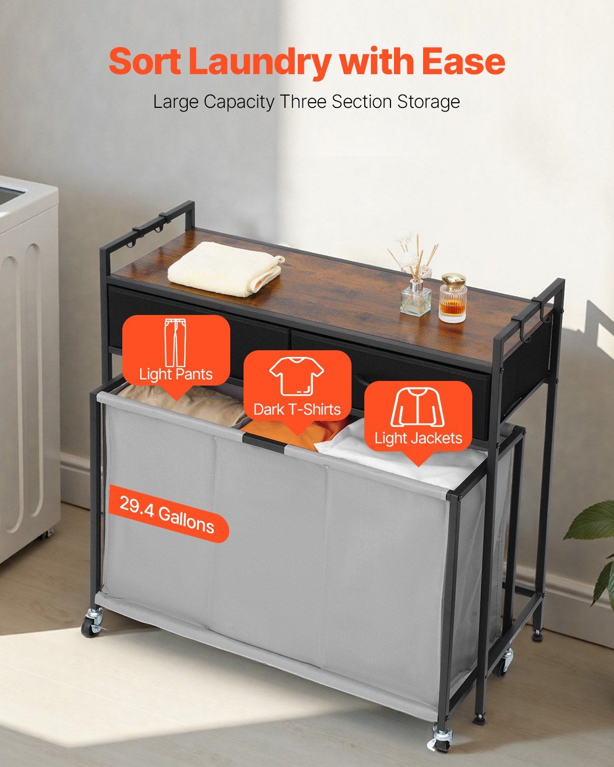 3 Section Laundry Sorter, Rolling Laundry Hamper with 2 Drawers, Hooks & Wheels, Rolling Basket Organizer V952-XYLEKJSMCTS1WJGUD001V0