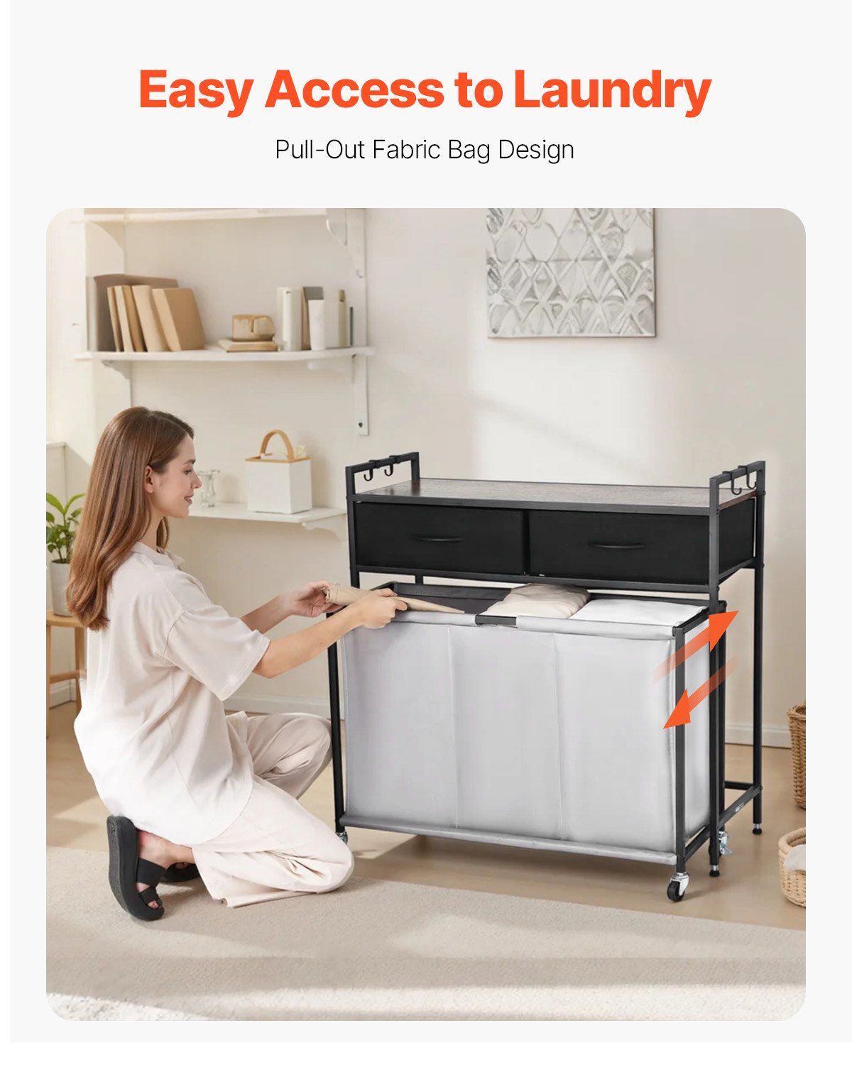3 Section Laundry Sorter, Rolling Laundry Hamper with 2 Drawers, Hooks & Wheels, Rolling Basket Organizer V952-XYLEKJSMCTS1WJGUD001V0