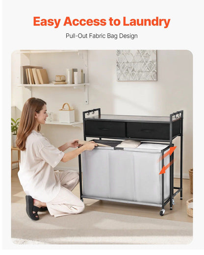 3 Section Laundry Sorter, Rolling Laundry Hamper with 2 Drawers, Hooks & Wheels, Rolling Basket Organizer V952-XYLEKJSMCTS1WJGUD001V0