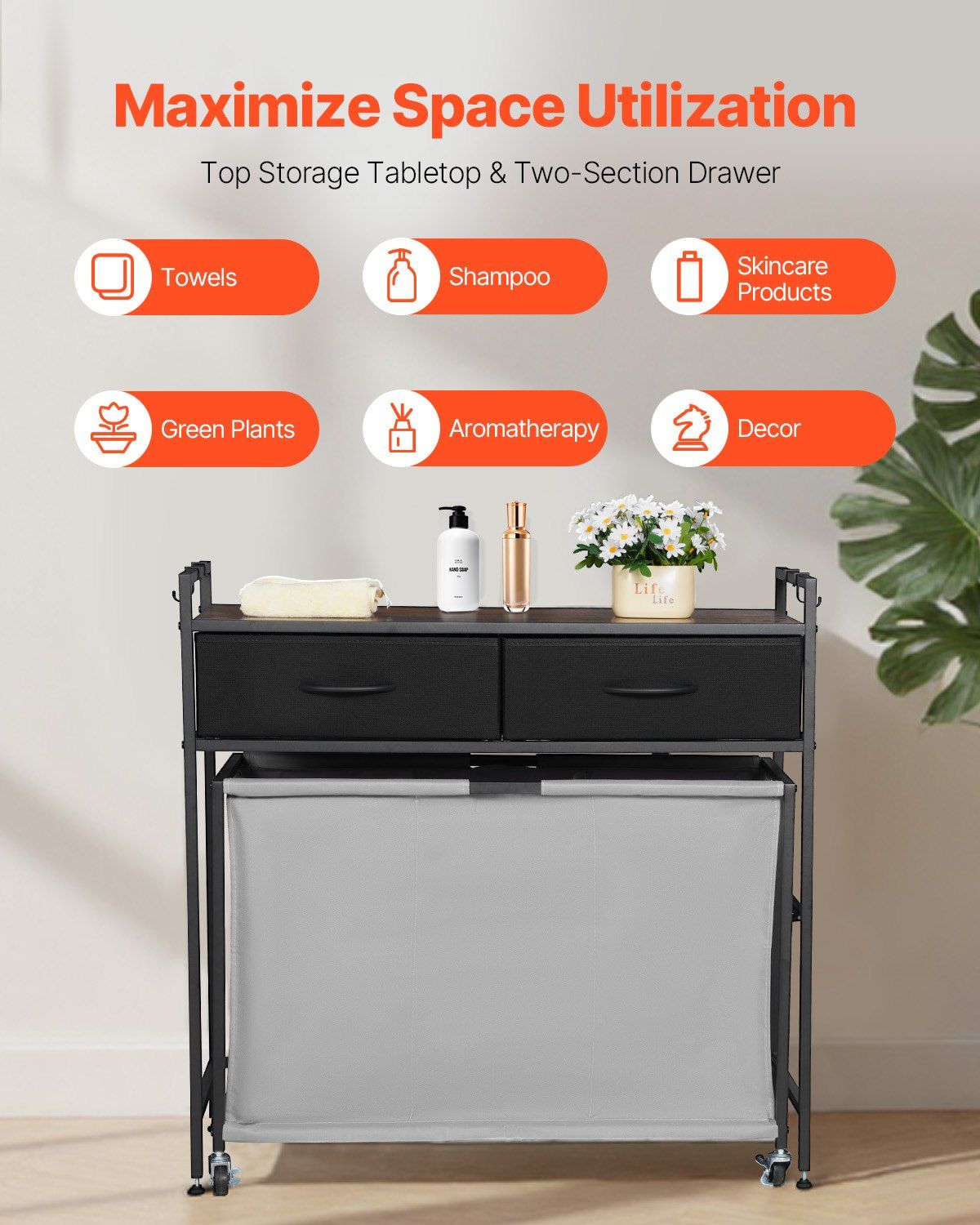 3 Section Laundry Sorter, Rolling Laundry Hamper with 2 Drawers, Hooks & Wheels, Rolling Basket Organizer V952-XYLEKJSMCTS1WJGUD001V0