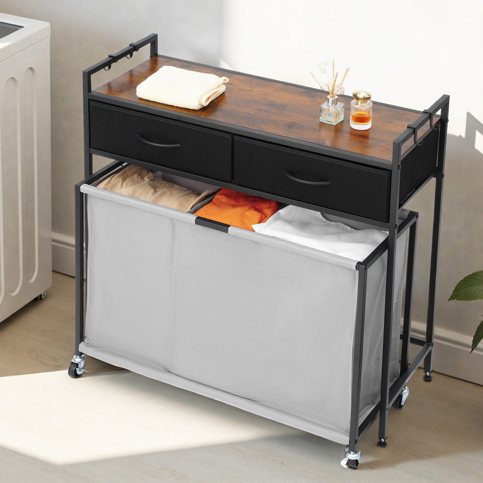 3 Section Laundry Sorter, Rolling Laundry Hamper with 2 Drawers, Hooks & Wheels, Rolling Basket Organizer V952-XYLEKJSMCTS1WJGUD001V0