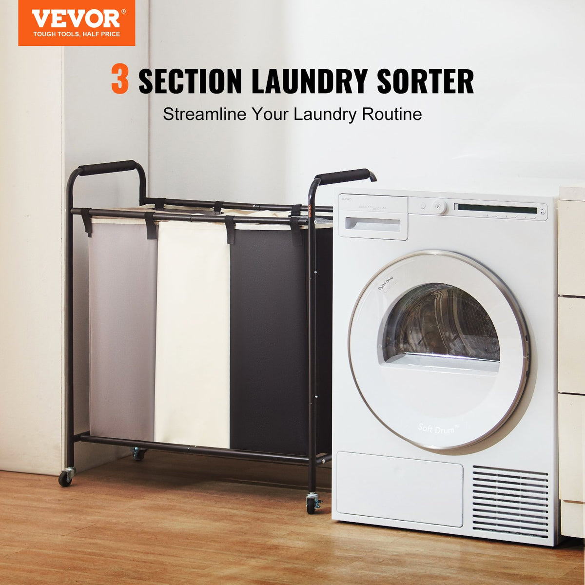 3-Section Laundry Basket, Heavy Duty Laundry Hamper Storage Organizer, Laundry Sorter Cart with Heavy Duty V952-XYLFJSSSYTB75CJ6HV0