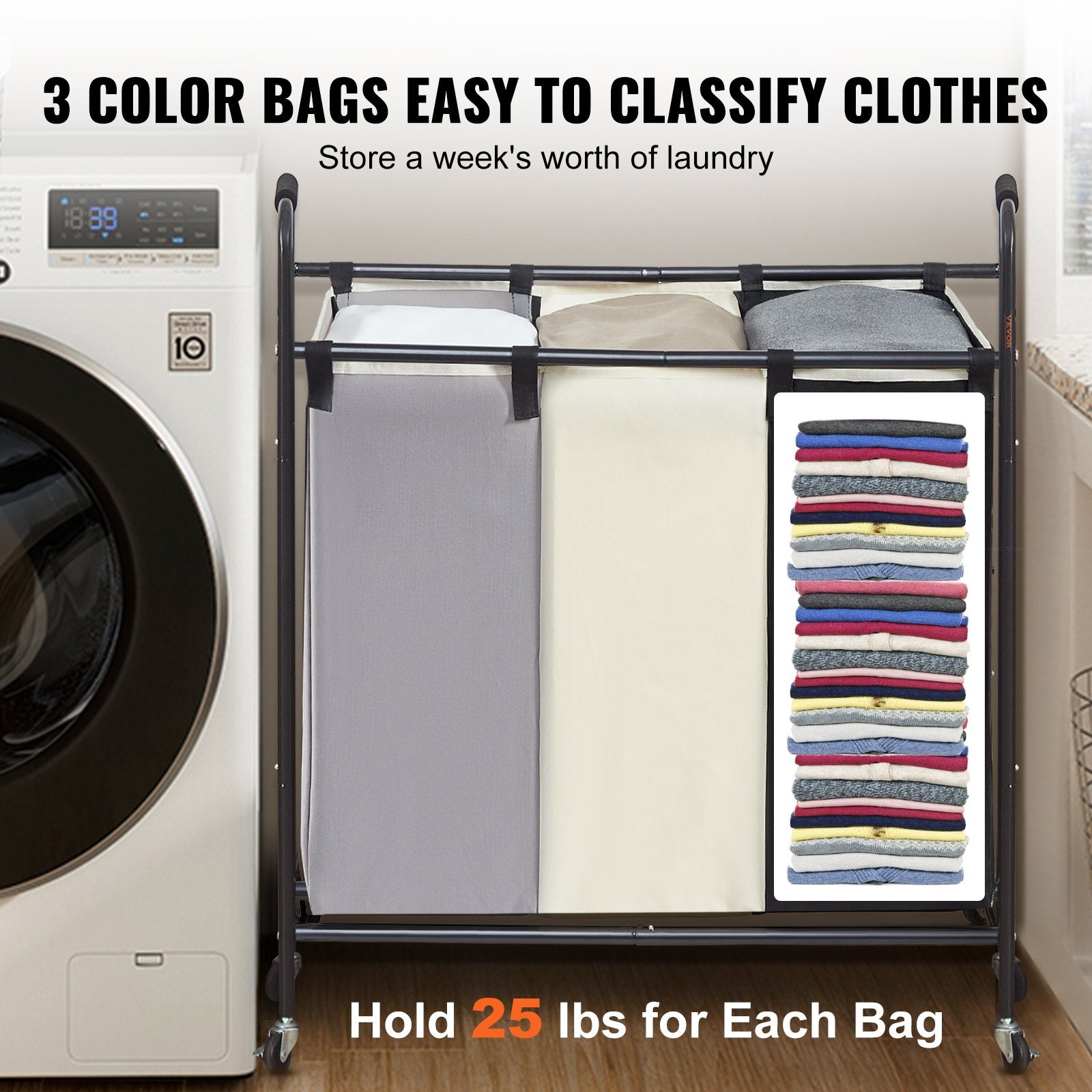 3-Section Laundry Basket, Heavy Duty Laundry Hamper Storage Organizer, Laundry Sorter Cart with Heavy Duty V952-XYLFJSSSYTB75CJ6HV0