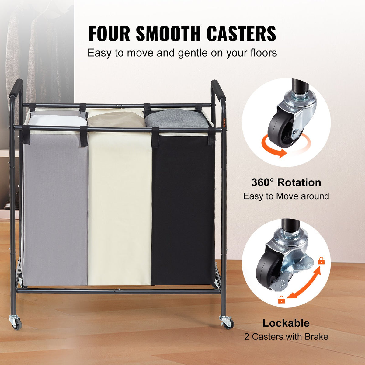 3-Section Laundry Basket, Heavy Duty Laundry Hamper Storage Organizer, Laundry Sorter Cart with Heavy Duty V952-XYLFJSSSYTB75CJ6HV0