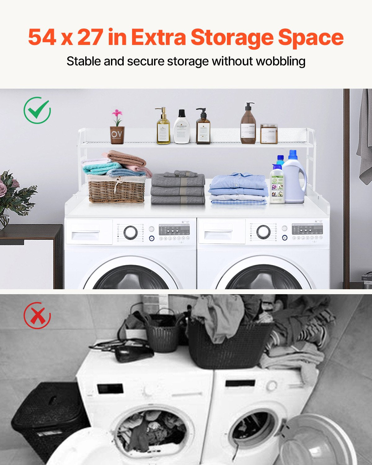 Washer Dryer Countertop with Shelf 54"x27" Wooden Washer Dryer Cover White V952-XYTM54INCHBSYQ6H4V0