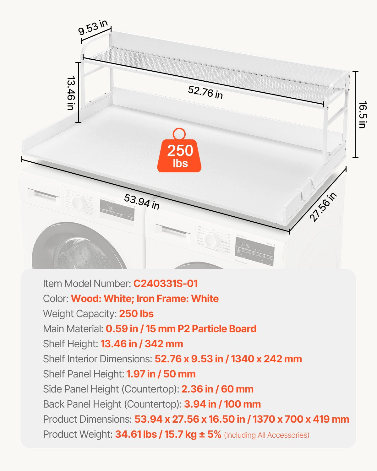 Washer Dryer Countertop with Shelf 54"x27" Wooden Washer Dryer Cover White V952-XYTM54INCHBSYQ6H4V0
