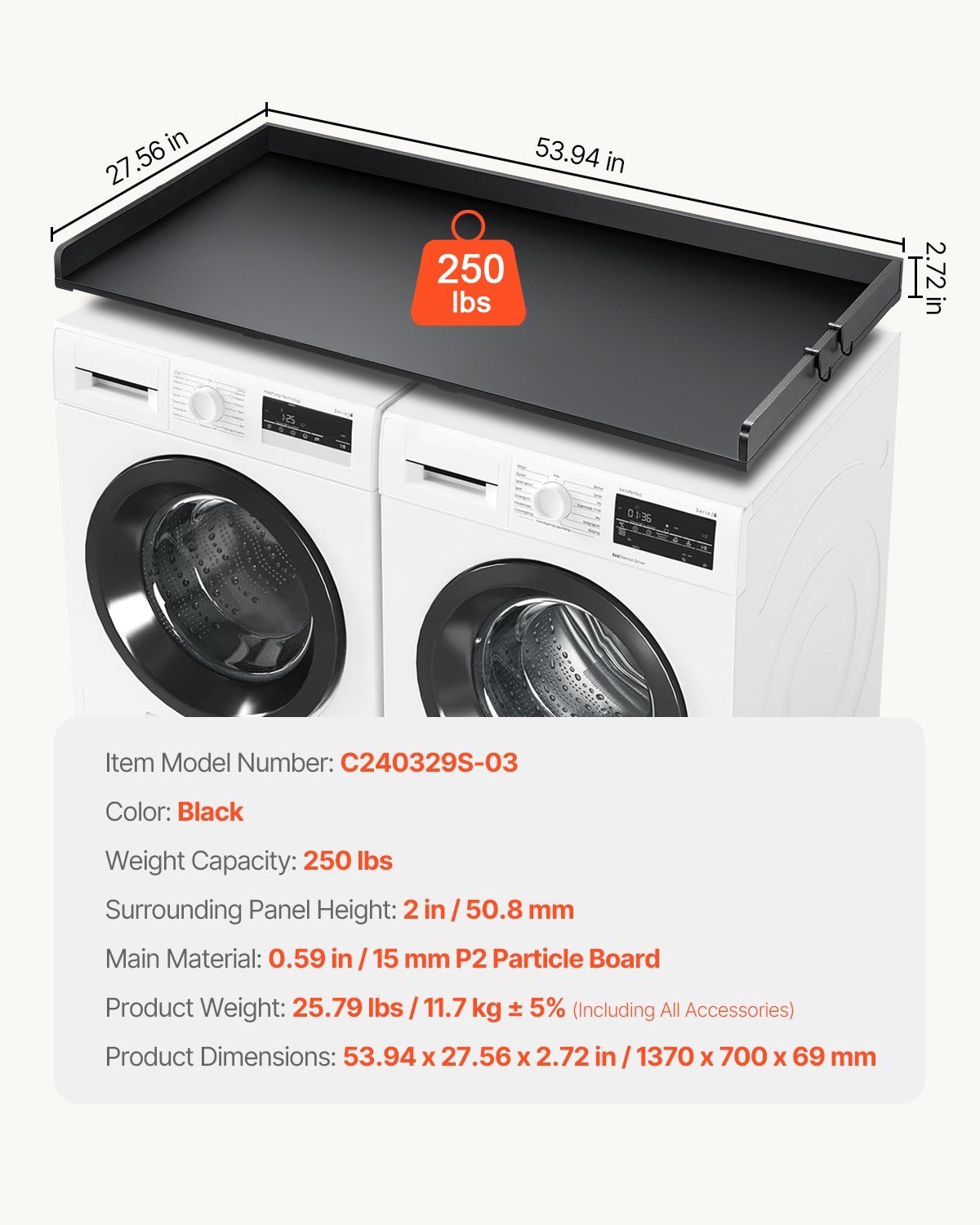 Washer Dryer Countertop, 54" x 27" Wooden Washer and Dryer Countertop, Water-Resistant Laundry Machine Topper V952-XYTM54INCHHSSL1G9V0