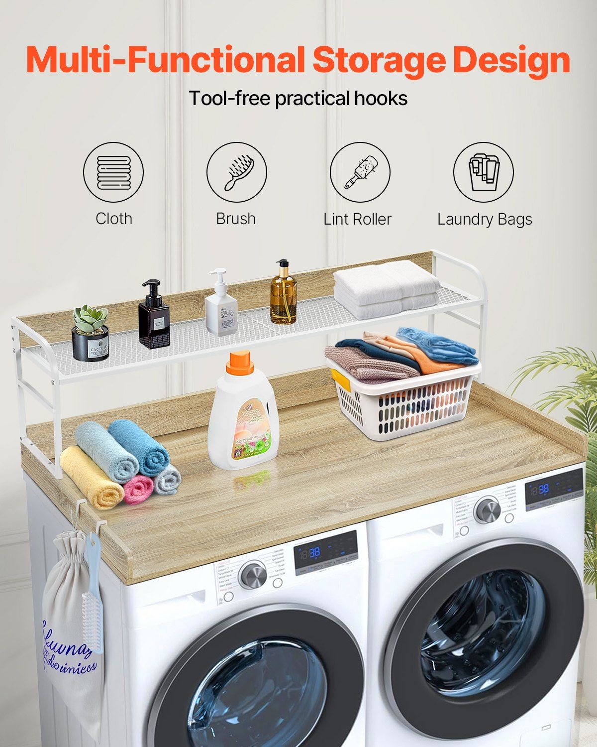 Washer Dryer Countertop with 2-Tier Shelf, 54" x 27" Wooden Washer and Dryer Countertop with Anti-Slip Pads, V952-XYTM54INCHXMD8J80V0
