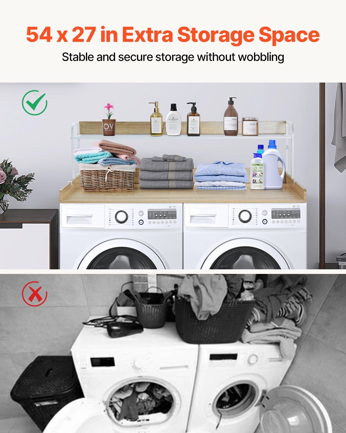 Washer Dryer Countertop with 2-Tier Shelf, 54" x 27" Wooden Washer and Dryer Countertop with Anti-Slip Pads, V952-XYTM54INCHXMD8J80V0