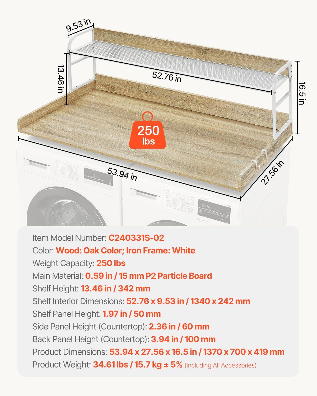 Washer Dryer Countertop with 2-Tier Shelf, 54" x 27" Wooden Washer and Dryer Countertop with Anti-Slip Pads, V952-XYTM54INCHXMD8J80V0