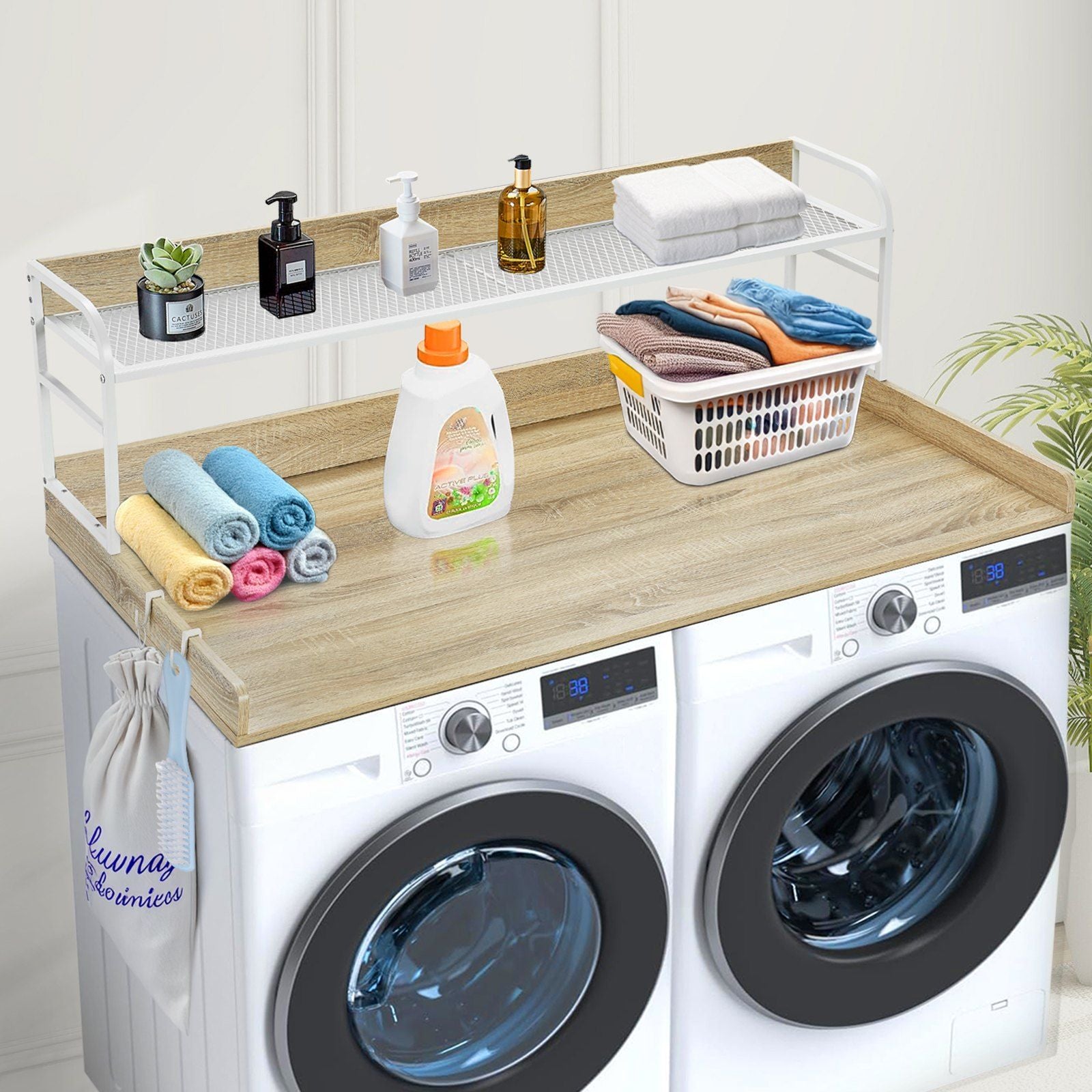 Washer Dryer Countertop with 2-Tier Shelf, 54" x 27" Wooden Washer and Dryer Countertop with Anti-Slip Pads, V952-XYTM54INCHXMD8J80V0
