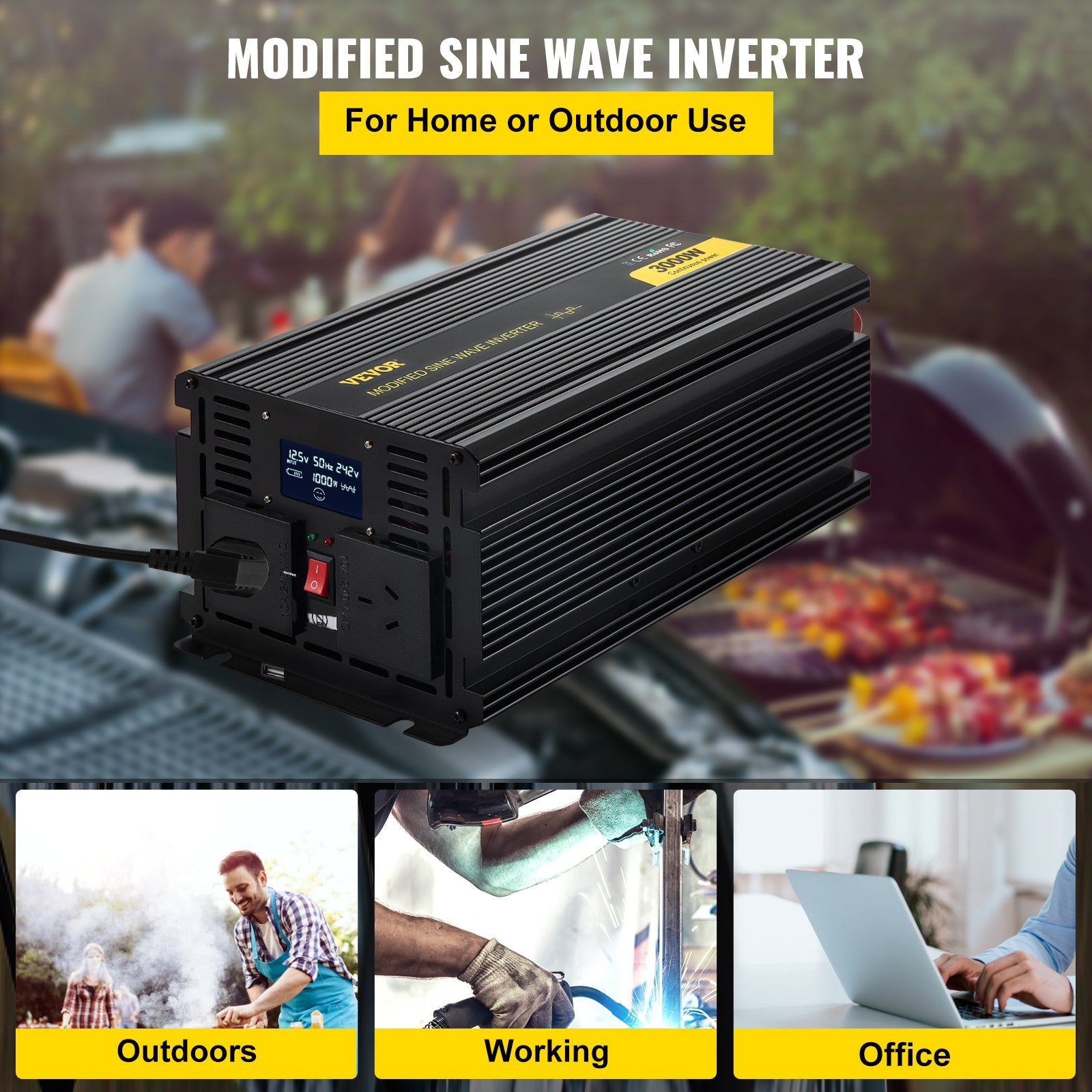 Power Inverter Modified Sine Wave Inverter 3000W DC 12V to AC 240V w/LCD V952-XZXN3KW12-240E1TKV9