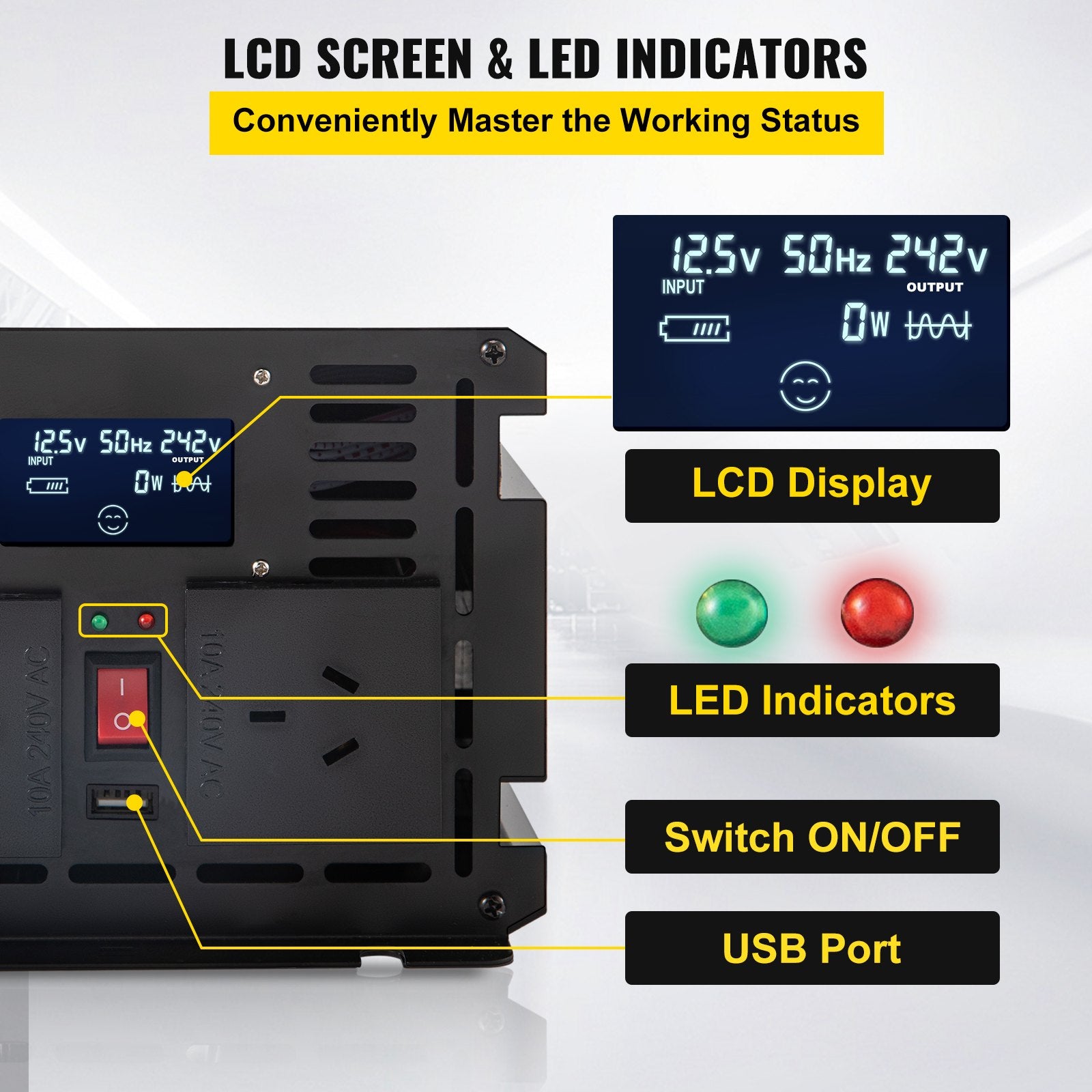 Power Inverter Modified Sine Wave Inverter 3000W DC 12V to AC 240V w/LCD V952-XZXN3KW12-240E1TKV9