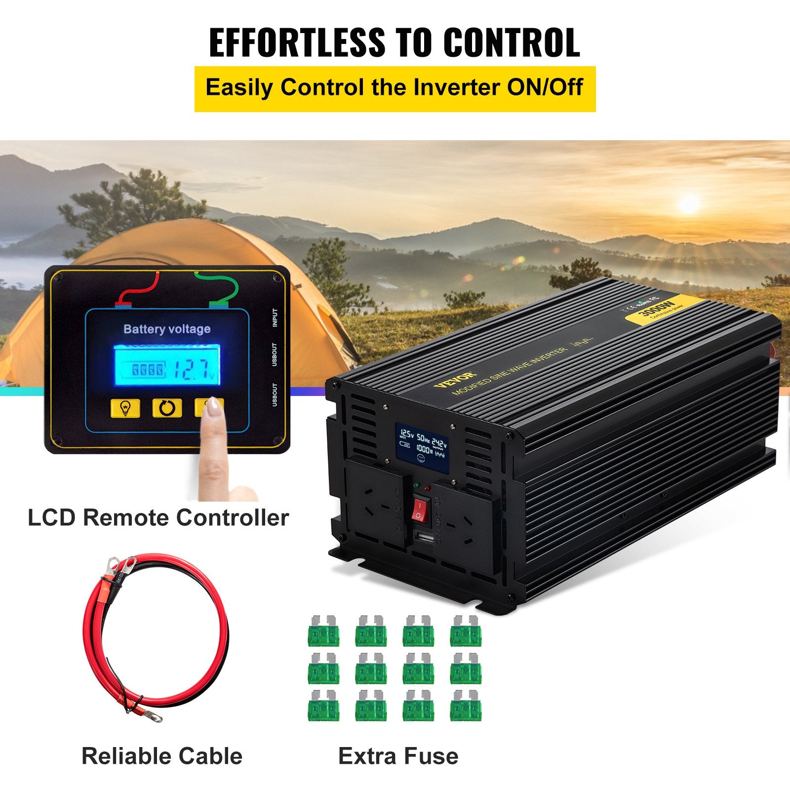 Power Inverter Modified Sine Wave Inverter 3000W DC 12V to AC 240V w/LCD V952-XZXN3KW12-240E1TKV9
