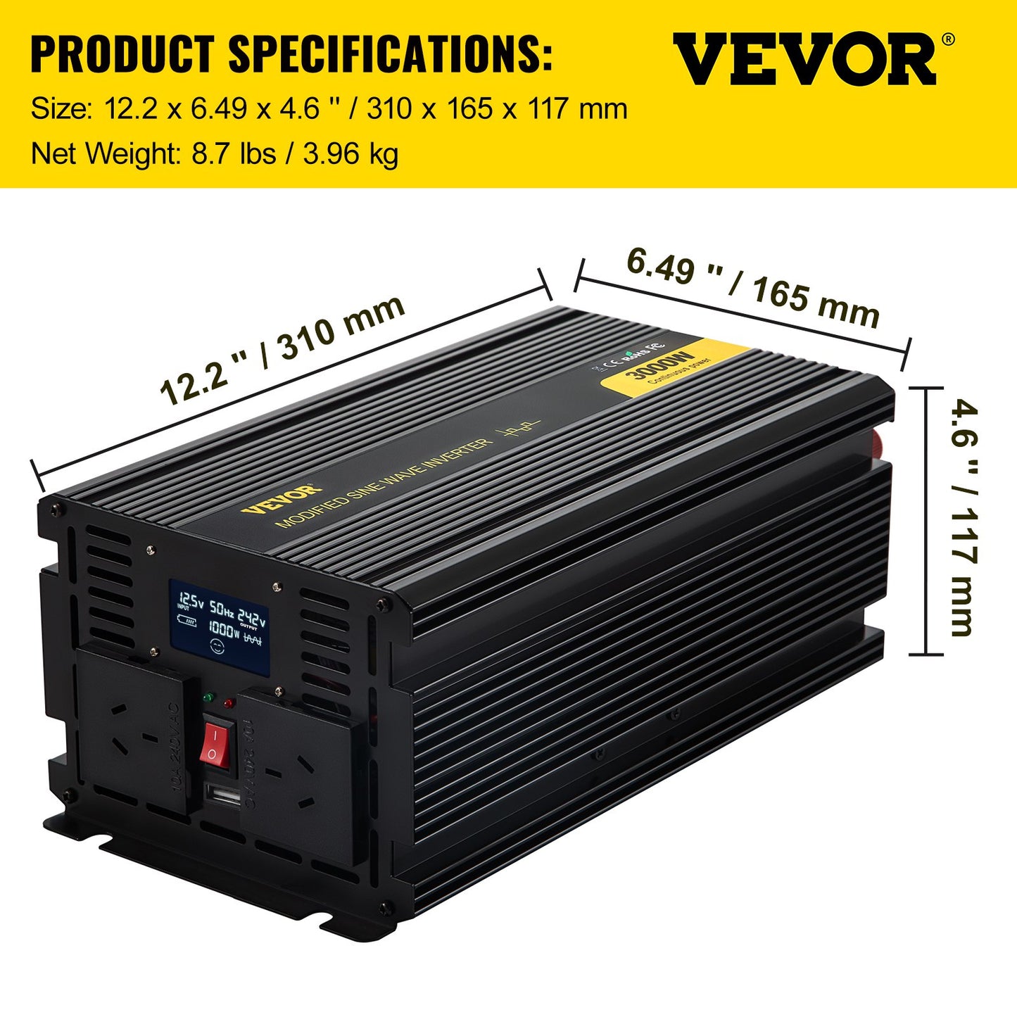 Power Inverter Modified Sine Wave Inverter 3000W DC 12V to AC 240V w/LCD V952-XZXN3KW12-240E1TKV9