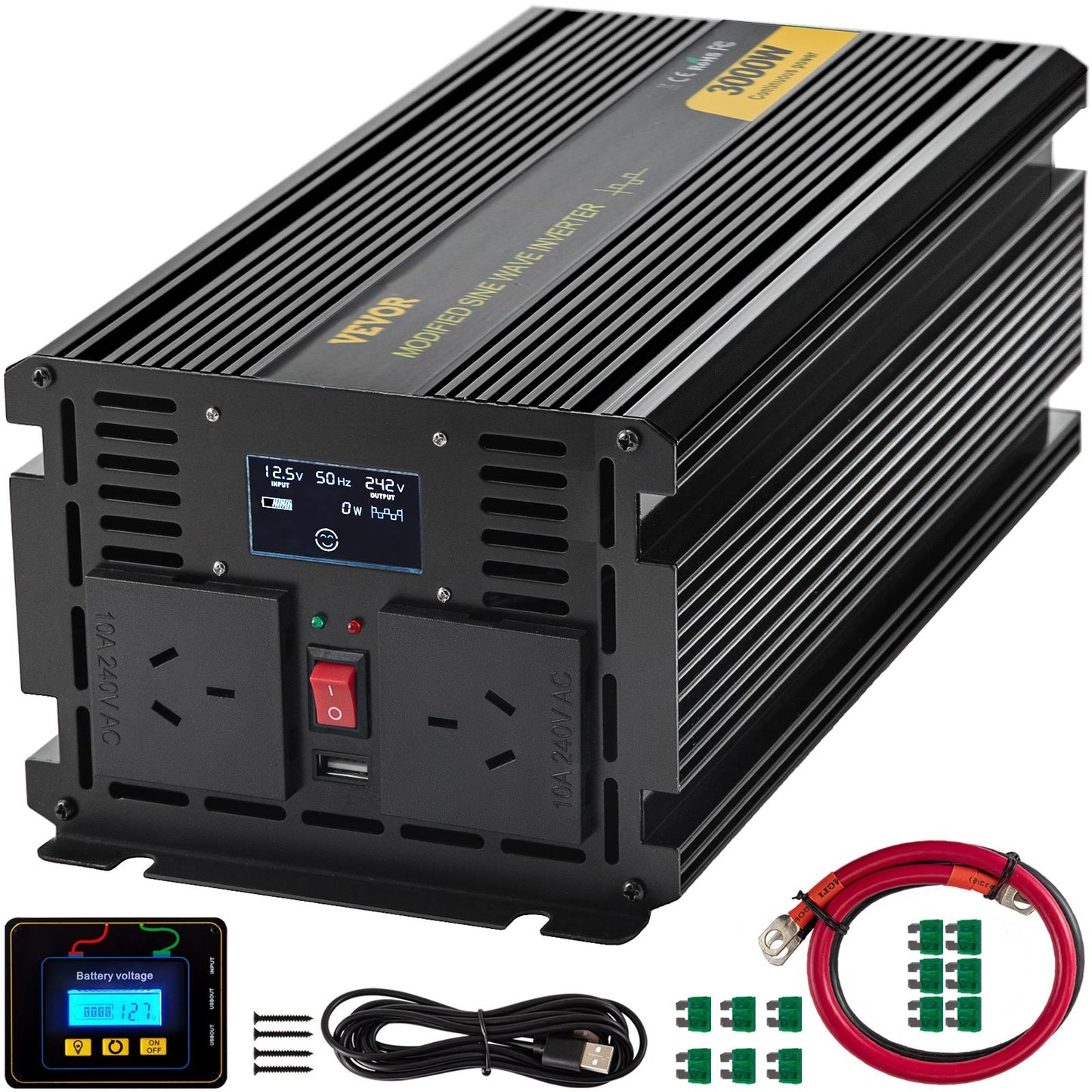 Power Inverter Modified Sine Wave Inverter 3000W DC 12V to AC 240V w/LCD V952-XZXN3KW12-240E1TKV9