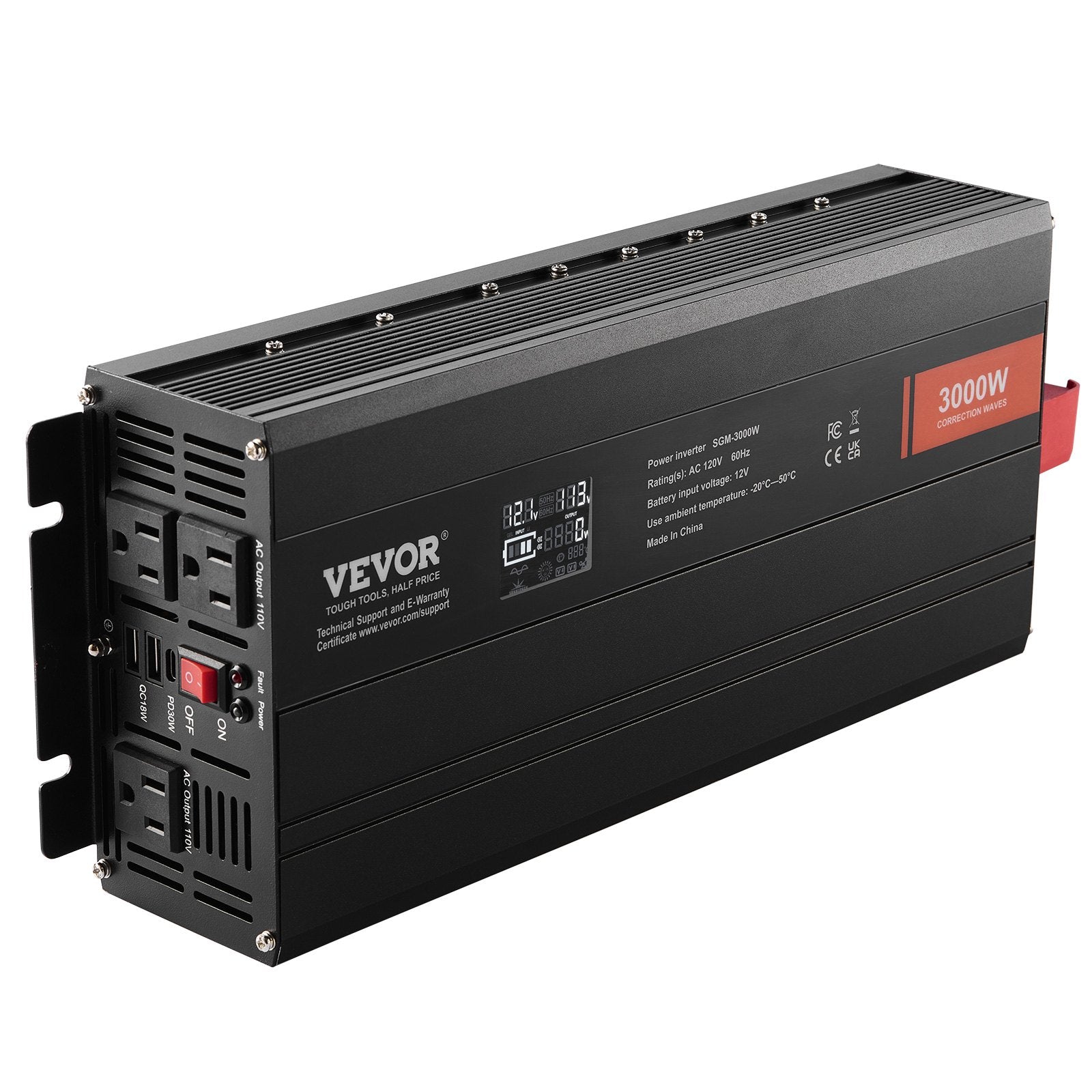 Modified Sine Wave Inverter, 3000Watt, DC 12V to AC 230V LCD Display Power Inverter with 3 AC Outlets 2 USB V952-XZXNBQ3000WX61GMMV3
