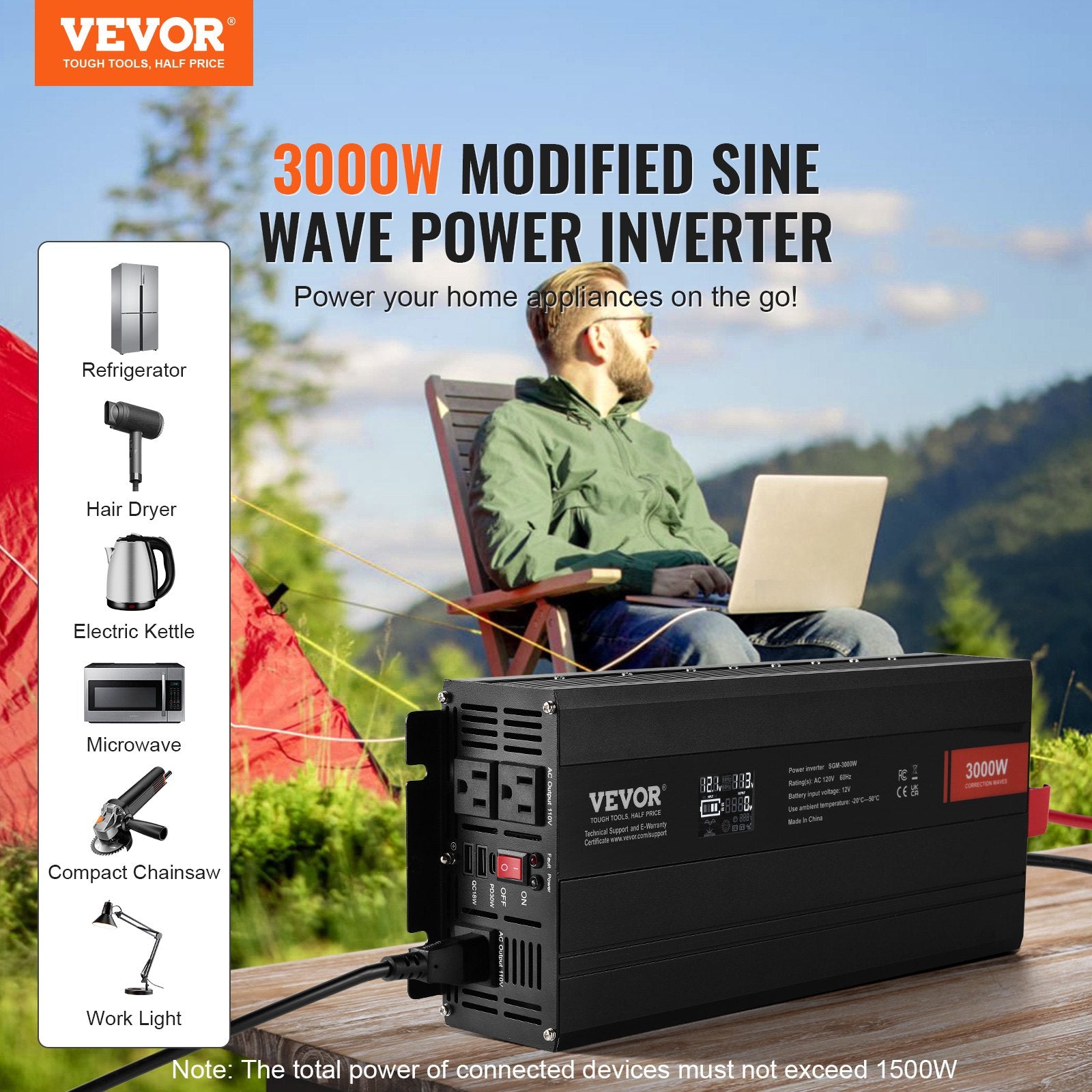Modified Sine Wave Inverter, 3000Watt, DC 12V to AC 230V LCD Display Power Inverter with 3 AC Outlets 2 USB V952-XZXNBQ3000WX61GMMV3