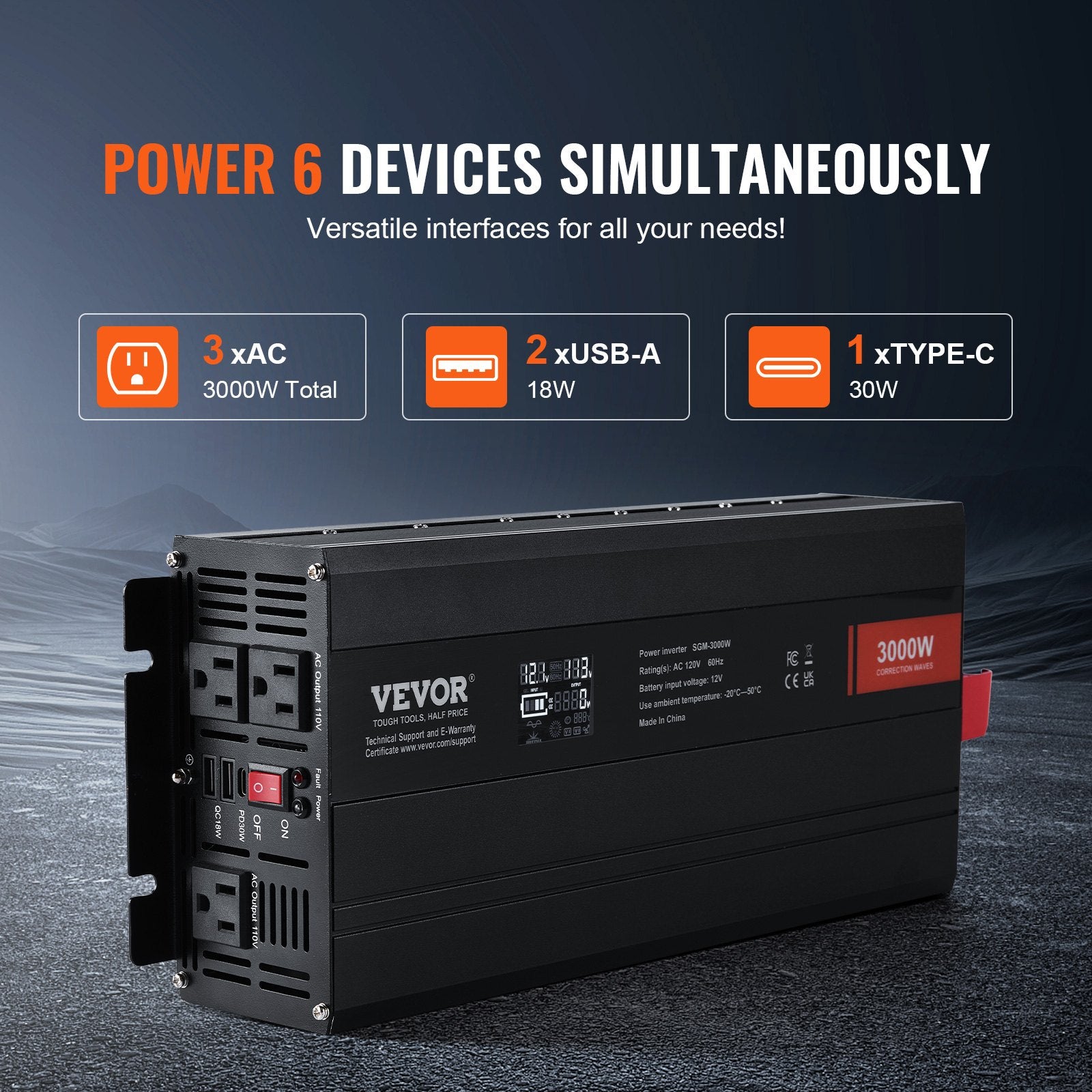 Modified Sine Wave Inverter, 3000Watt, DC 12V to AC 230V LCD Display Power Inverter with 3 AC Outlets 2 USB V952-XZXNBQ3000WX61GMMV3