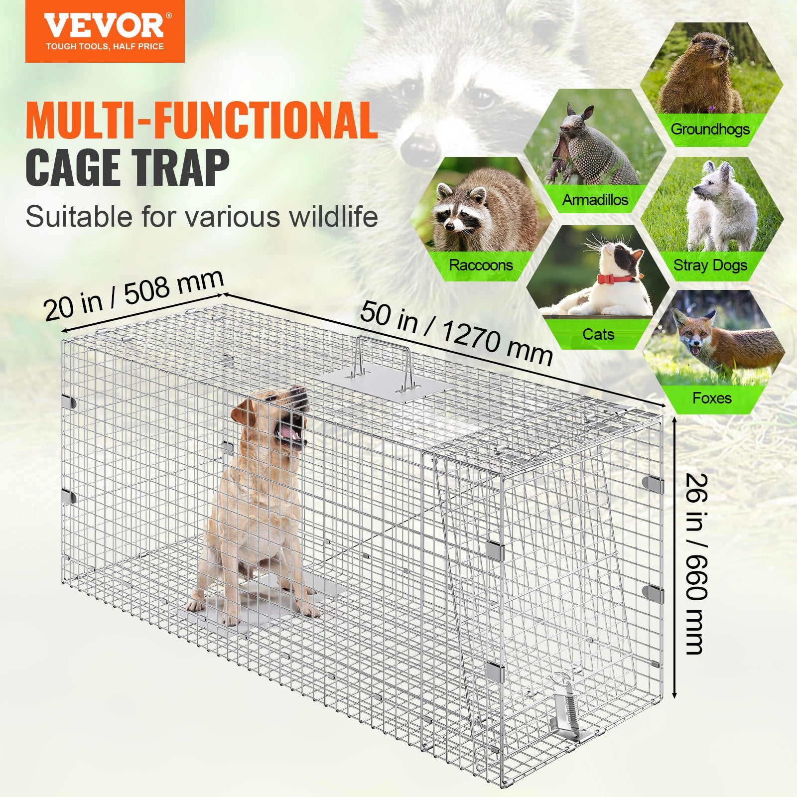 Live Animal Cage Trap, 50" x 20" x 26" Humane Cat Trap Galvanized Iron, Folding Animal Trap with Handle for V952-YBL50YC00000VGIXYV0