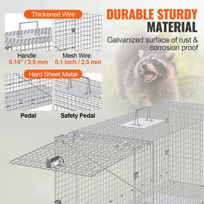 Live Animal Cage Trap, 50" x 20" x 26" Humane Cat Trap Galvanized Iron, Folding Animal Trap with Handle for V952-YBL50YC00000VGIXYV0