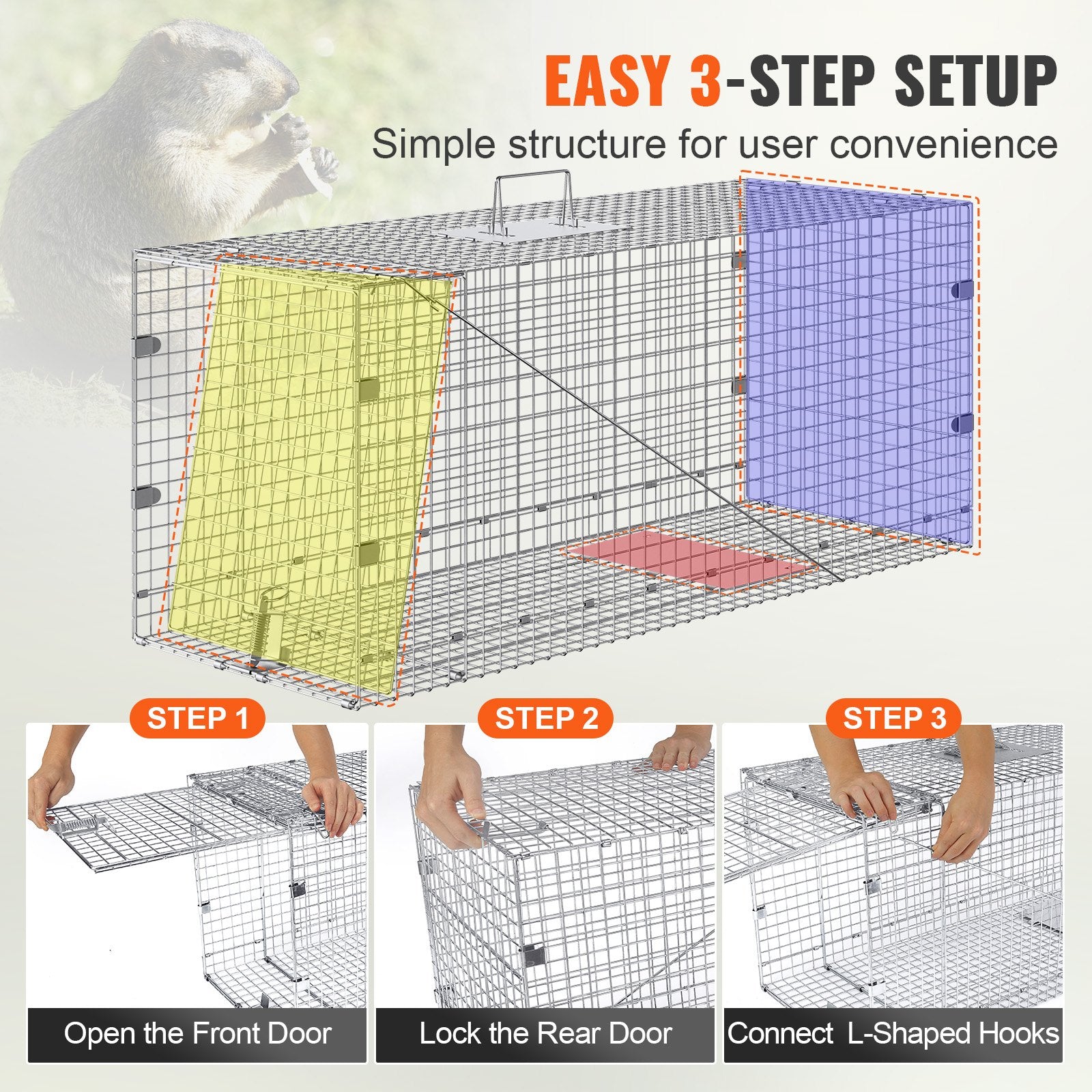 Live Animal Cage Trap, 50" x 20" x 26" Humane Cat Trap Galvanized Iron, Folding Animal Trap with Handle for V952-YBL50YC00000VGIXYV0