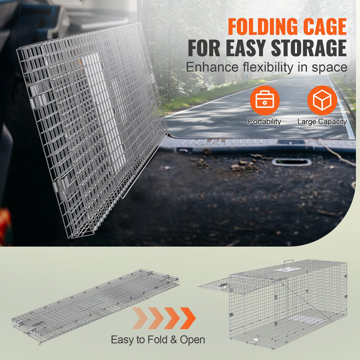 Live Animal Cage Trap, 50" x 20" x 26" Humane Cat Trap Galvanized Iron, Folding Animal Trap with Handle for V952-YBL50YC00000VGIXYV0