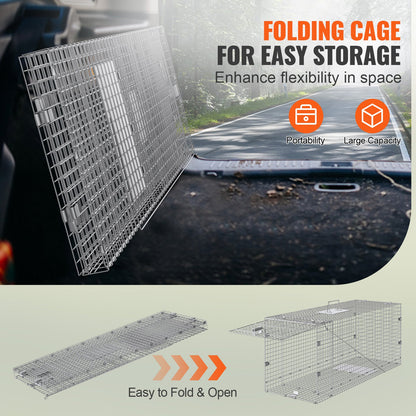 Live Animal Cage Trap, 50" x 20" x 26" Humane Cat Trap Galvanized Iron, Folding Animal Trap with Handle for V952-YBL50YC00000VGIXYV0