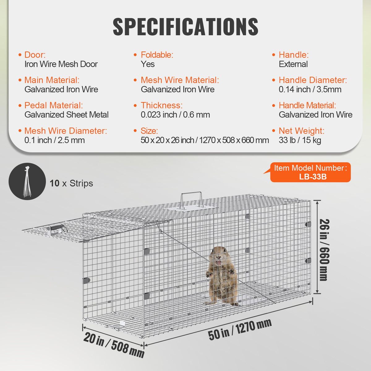Live Animal Cage Trap, 50" x 20" x 26" Humane Cat Trap Galvanized Iron, Folding Animal Trap with Handle for V952-YBL50YC00000VGIXYV0
