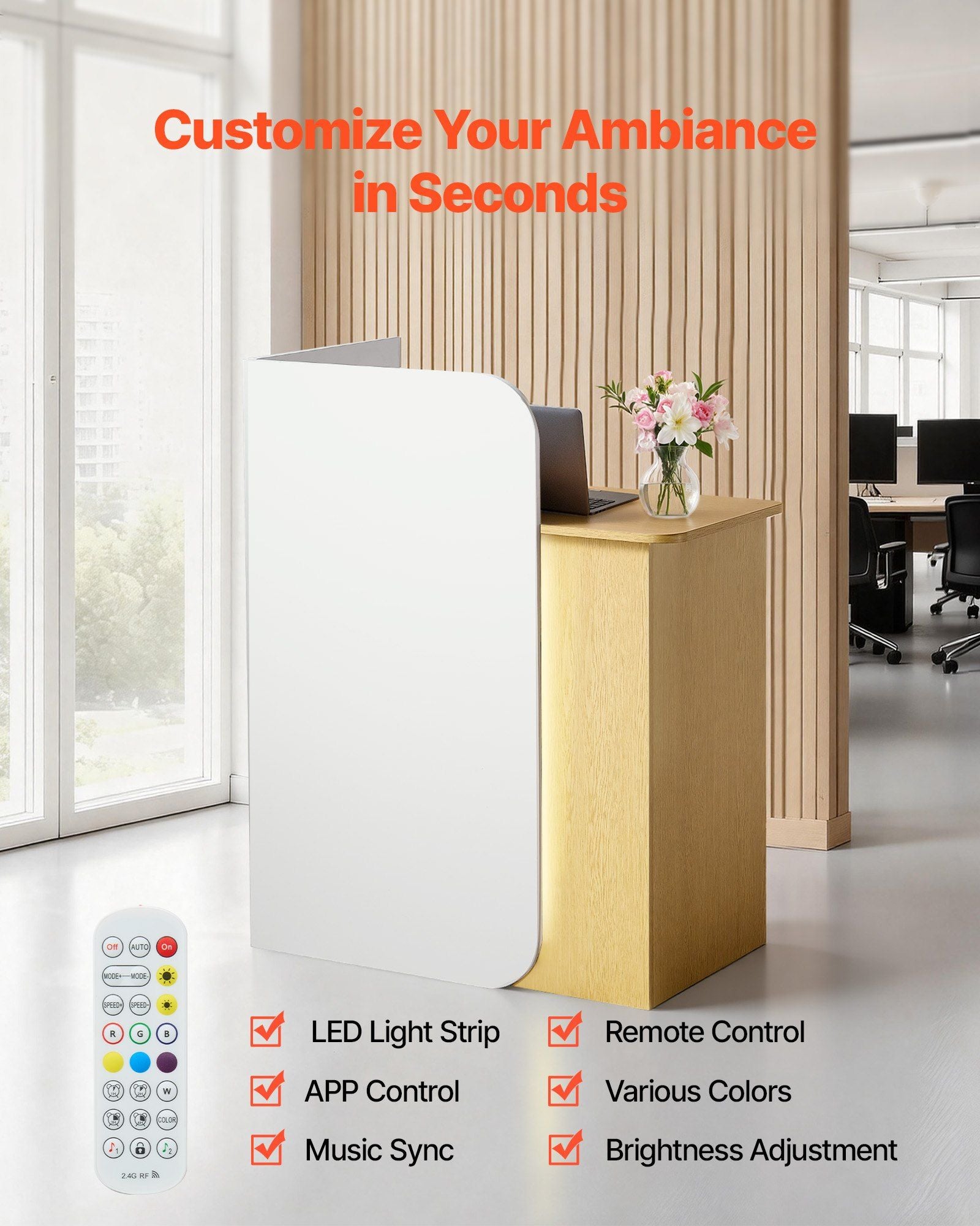 Reception Desk, 80 cm Rectangular Front Counter Table, Modern Office Reception Desk with LED Light, 2 Drawers V952-YBQTBSMSJXDLHVT0N001V9
