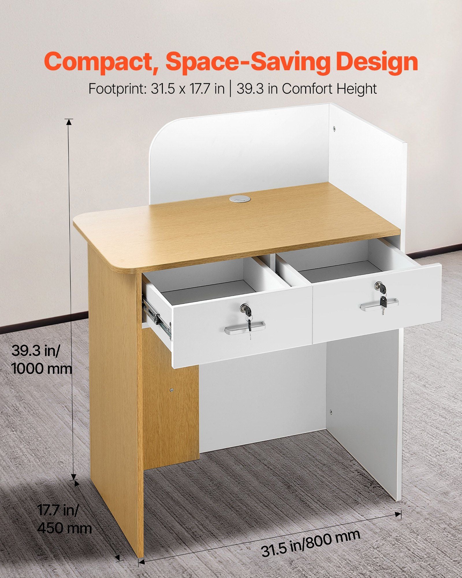Reception Desk, 80 cm Rectangular Front Counter Table, Modern Office Reception Desk with LED Light, 2 Drawers V952-YBQTBSMSJXDLHVT0N001V9