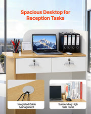 Reception Desk, 80 cm Rectangular Front Counter Table, Modern Office Reception Desk with LED Light, 2 Drawers V952-YBQTBSMSJXDLHVT0N001V9