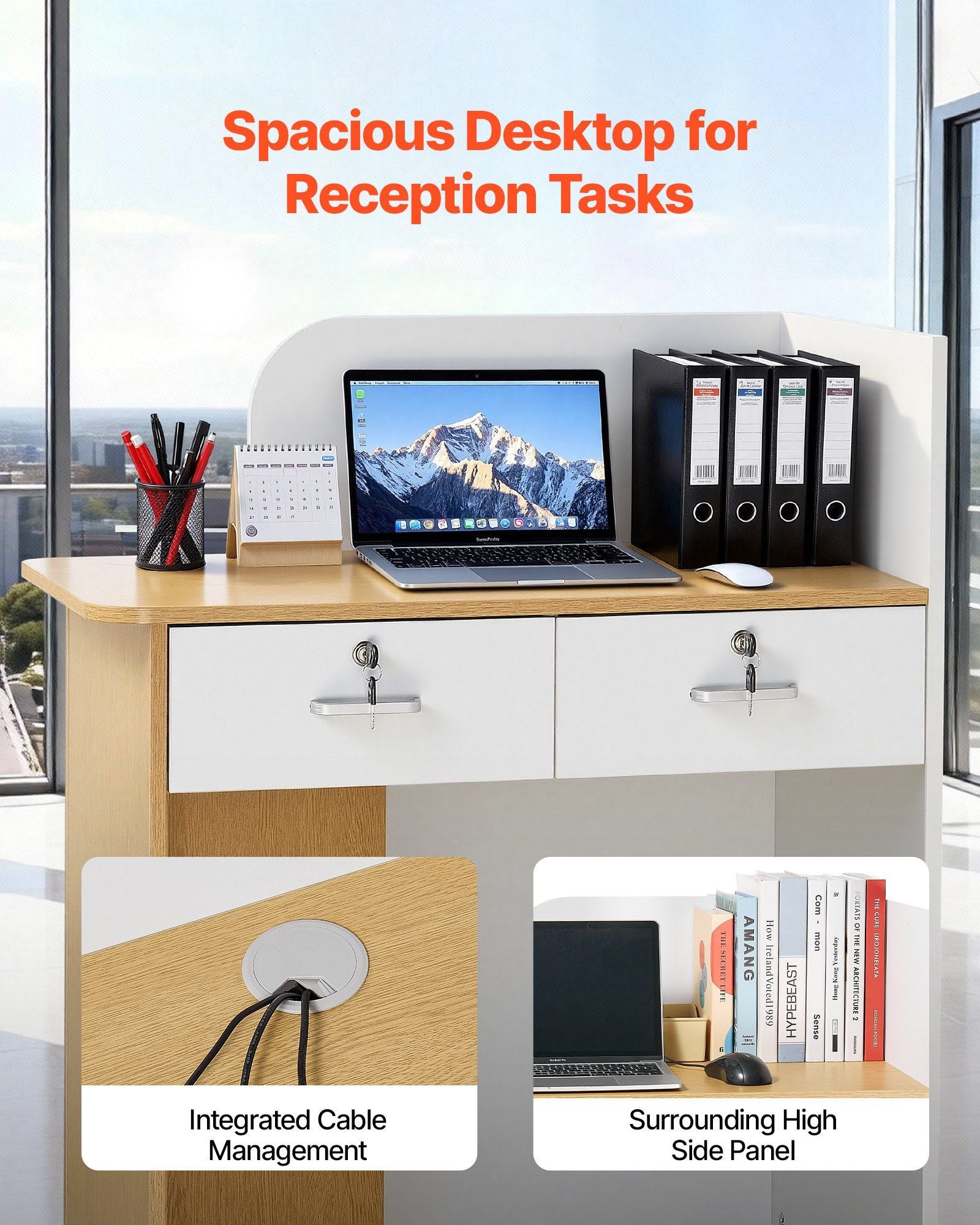 Reception Desk, 80 cm Rectangular Front Counter Table, Modern Office Reception Desk with LED Light, 2 Drawers V952-YBQTBSMSJXDLHVT0N001V9