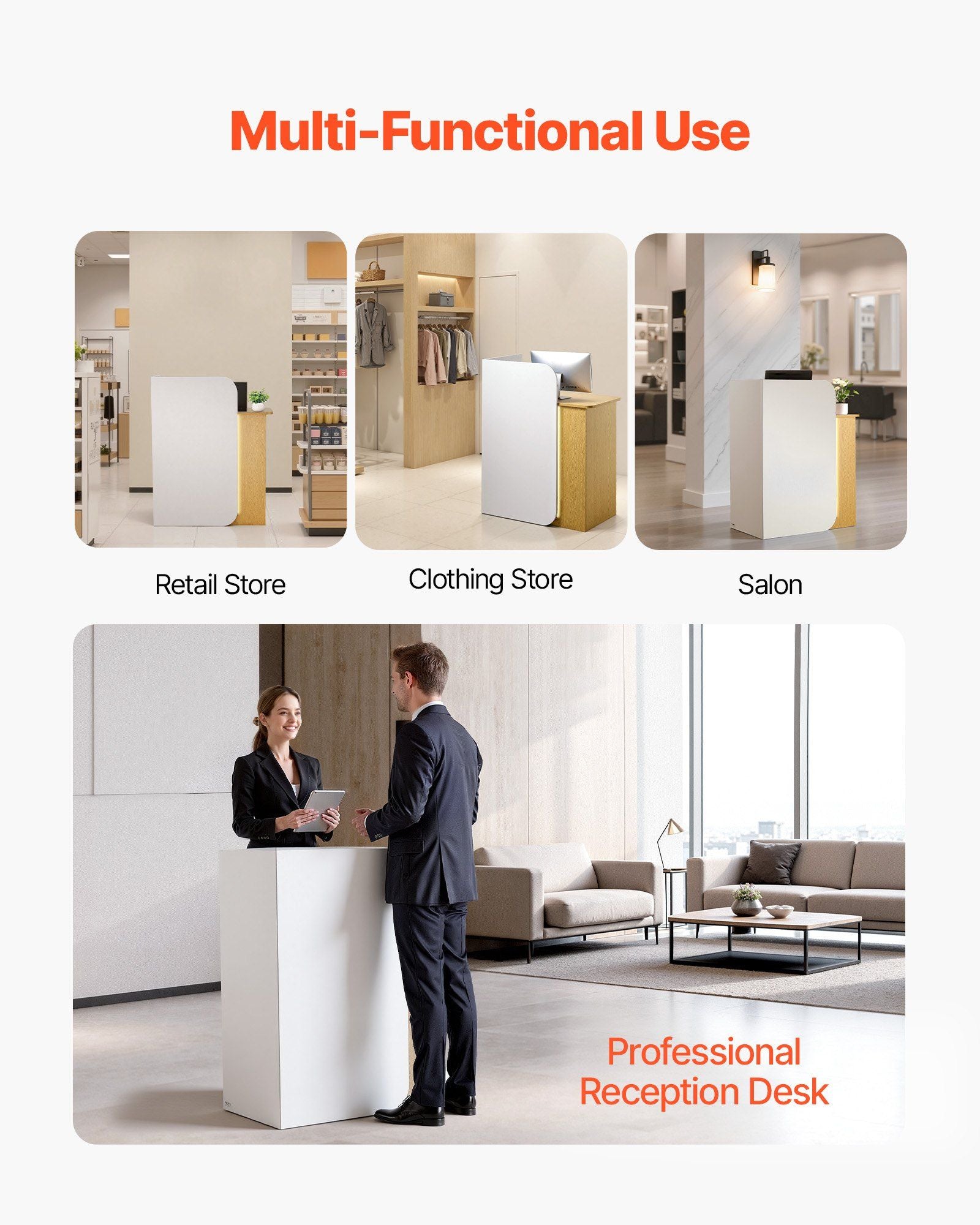 Reception Desk, 80 cm Rectangular Front Counter Table, Modern Office Reception Desk with LED Light, 2 Drawers V952-YBQTBSMSJXDLHVT0N001V9