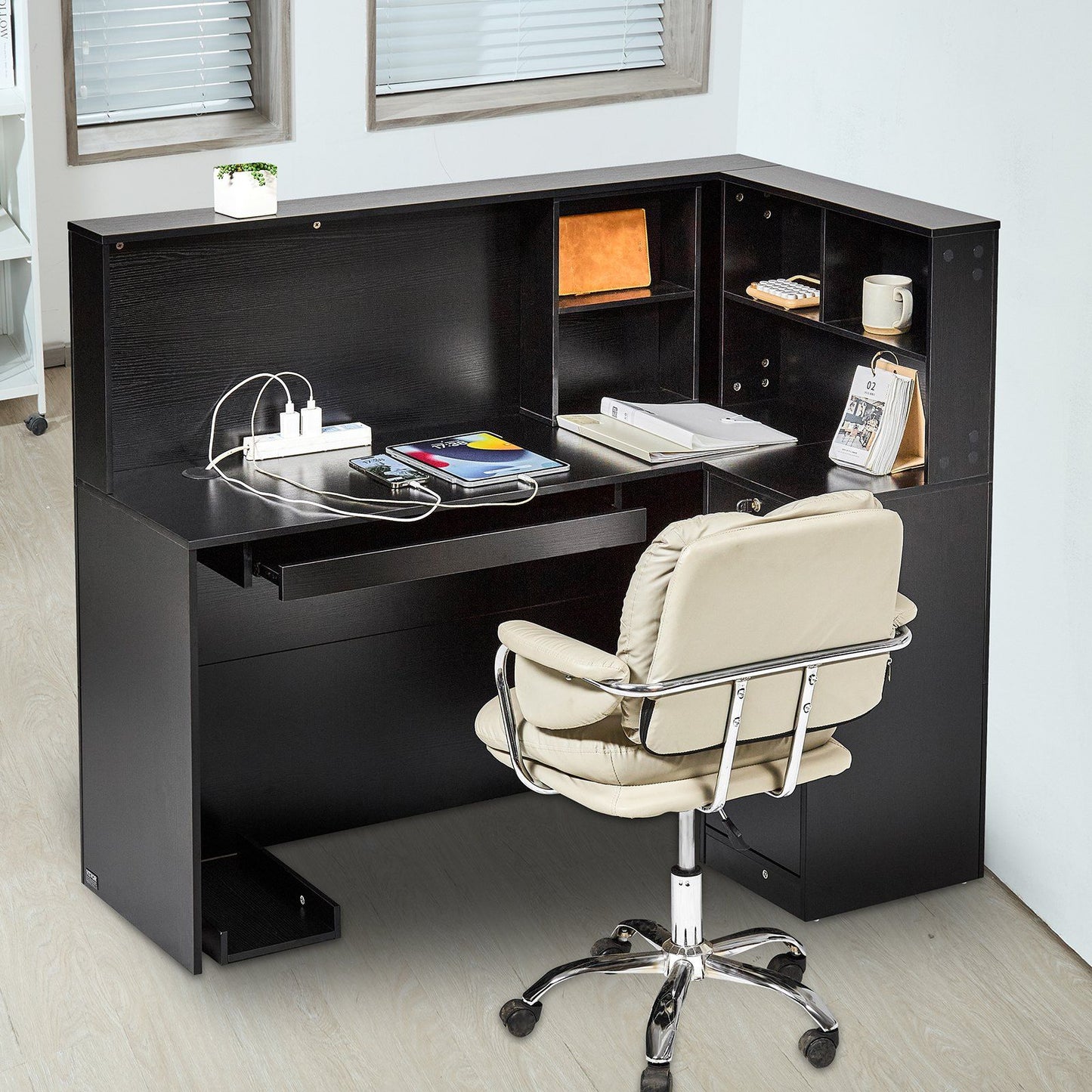 Reception Desk, 1400 x 800 x 1200 mm L-Shaped Front Counter Table, Office Reception Counter with Drawer V952-YBQTLX1CDCCJ185MFV0