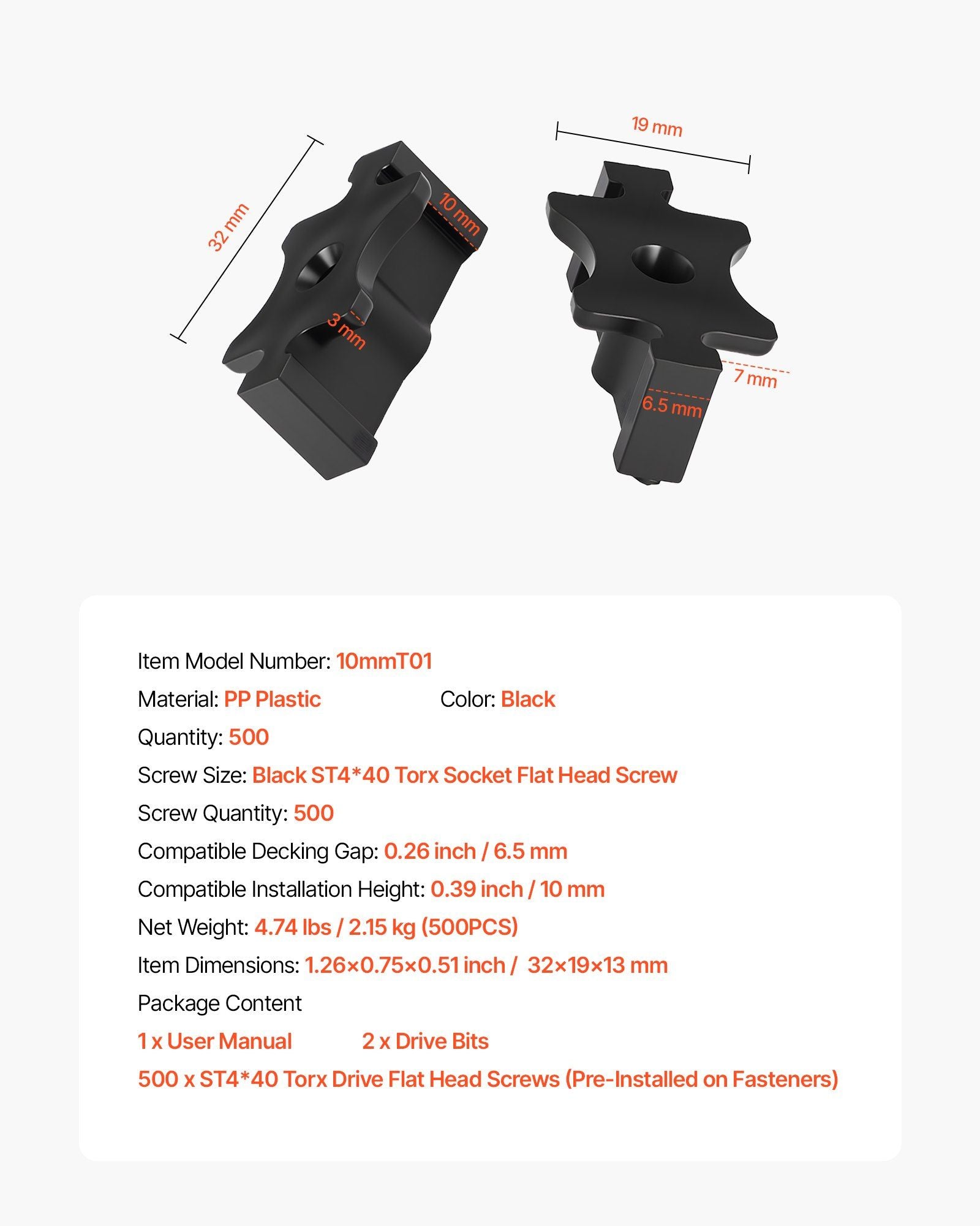 500PCS Hidden Deck Fasteners for Composite Decking Board, Universal Composite T Clips & Plastic Hidden V952-YBSJGJ500PCSS4H9G001V0