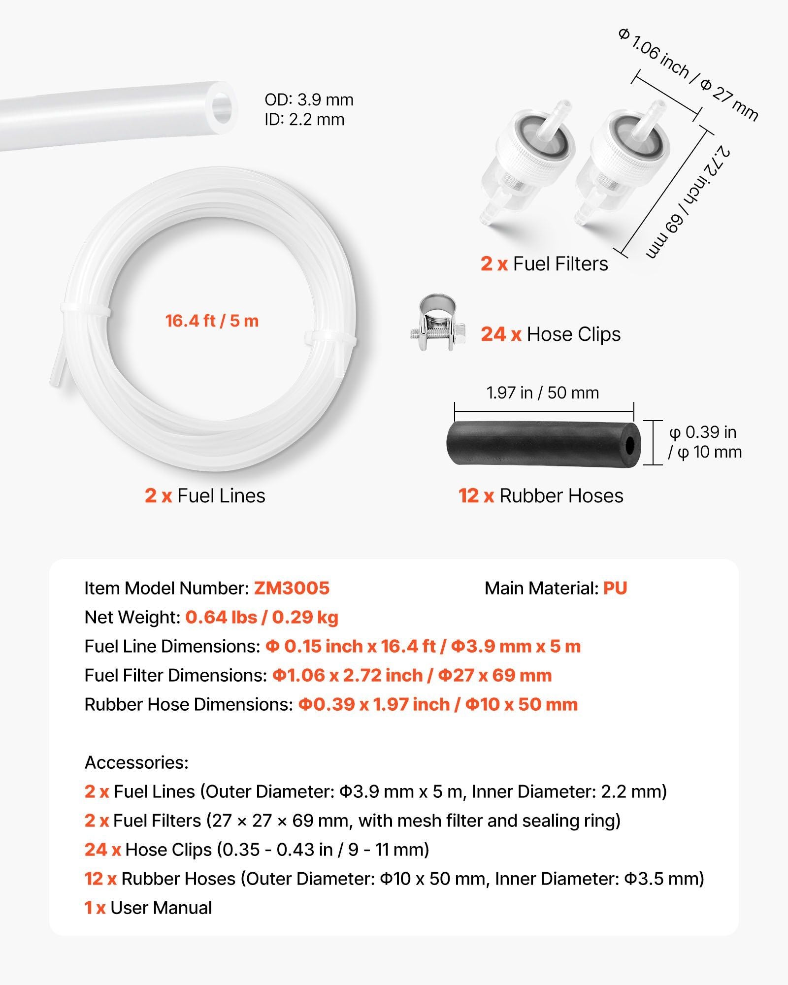 Fuel Pipe Hose Line Kit, 5000mm Diesel Heater Fuel Line Kit, Replaceable Parking Heater Fuels Lines Kits with V952-YBYGPJYBYGTJHPB6D001V0