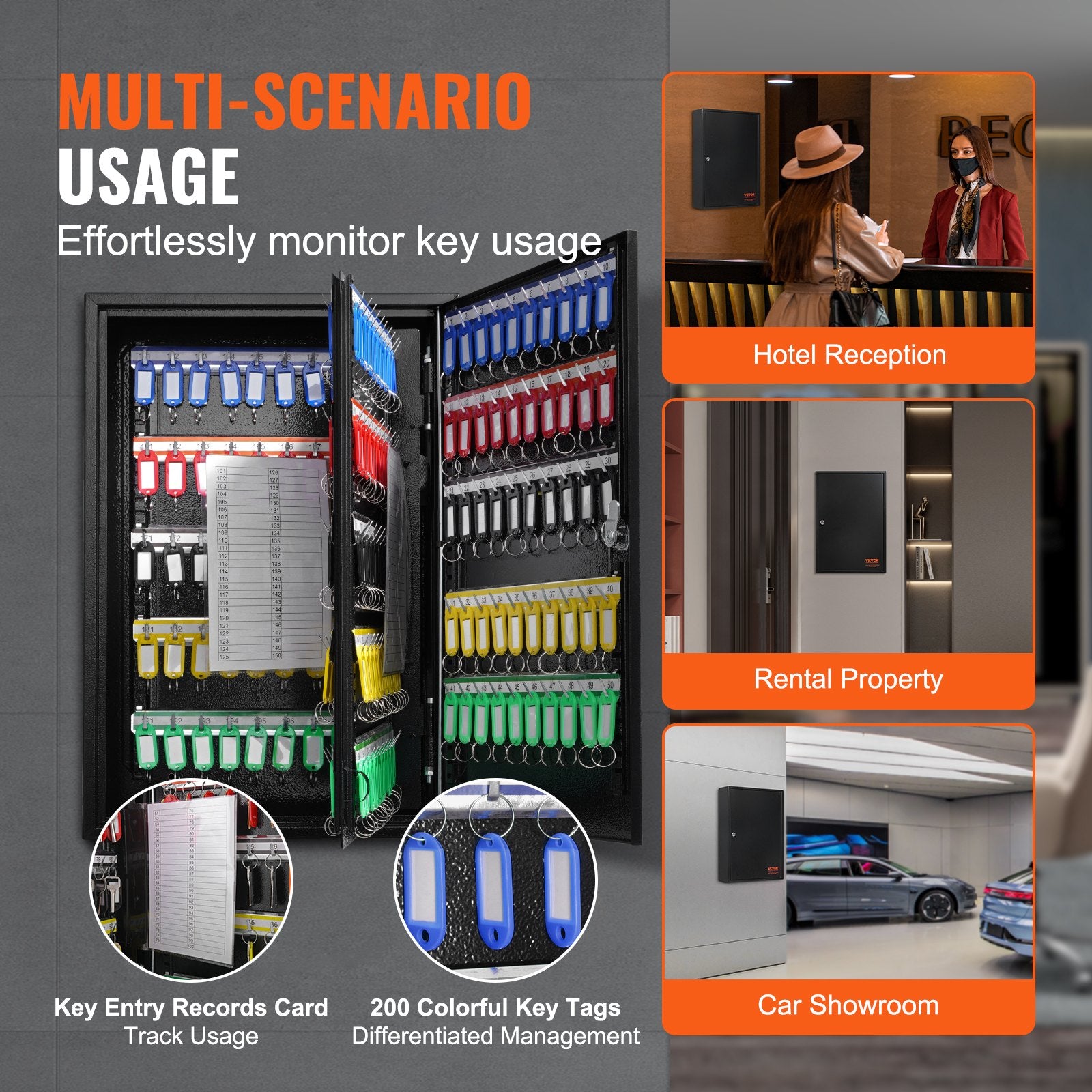 200-Key Cabinet, Key Lock Box with Adjustable Racks, Security Key Storage Box Steel, Key Organizer with 200 V952-YCAQJHS200PCPVII5V0