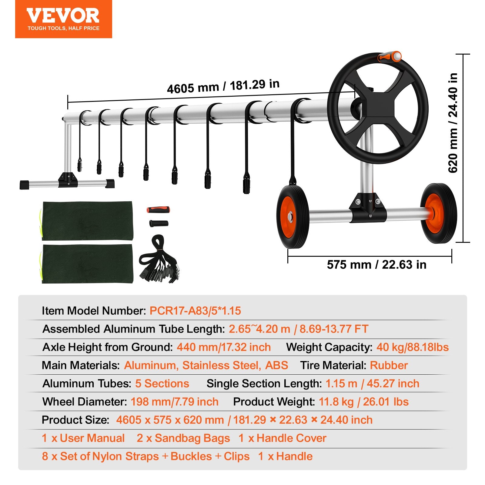 Pool Cover Reel, Aluminum Solar Cover Reel 14 ft, Inground Swimming Pool Cover Reel Set with Rubber Wheels V952-YCGJPDXYC14F9EB78V0