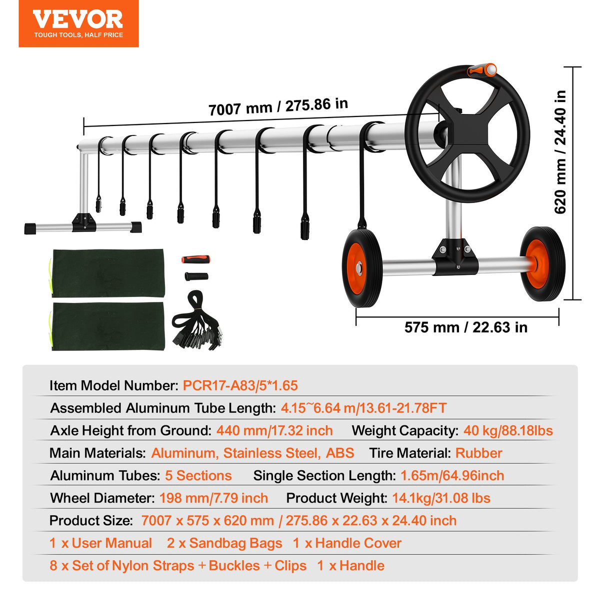 Pool Cover Reel, Aluminum Solar Cover Reel 22 ft, Inground Swimming Pool Cover Reel Set with Rubber Wheels V952-YCGJPDXYC22F0GGZ0V0