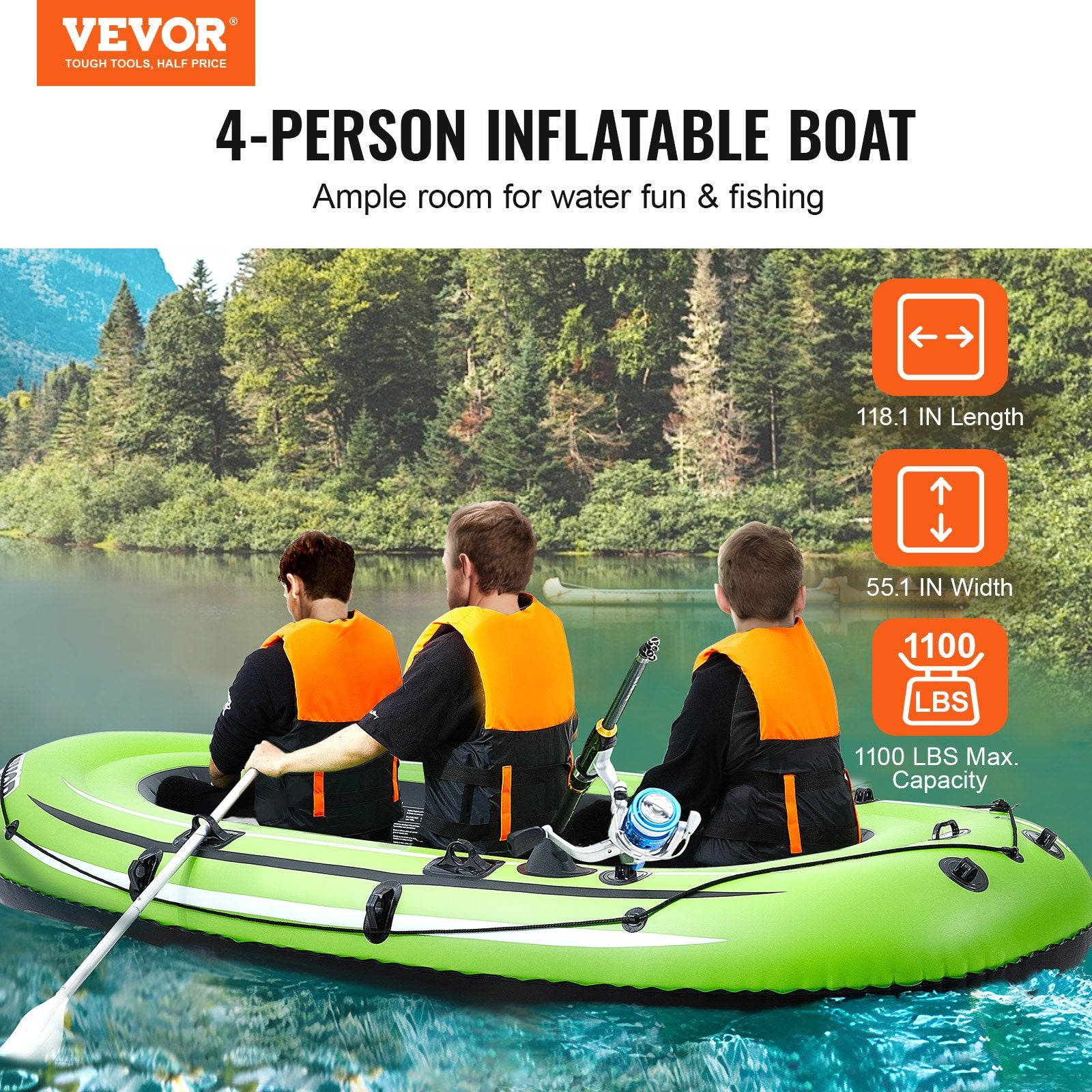 Inflatable Boat, 4-Person Inflatable Fishing Boat, Strong PVC Portable Boat Raft Kayak, 1158mm Aluminum Oars, V952-YCK4RK00000087X5RV0